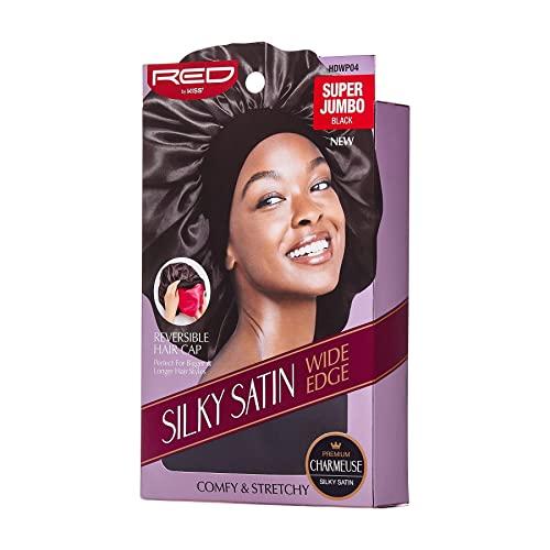 Red by Kiss Red by Kiss Reversible Silky Satin Hair Cap Hair Bonnet with Wide Edge Double Wear Cap, Super Jumbo (Black)