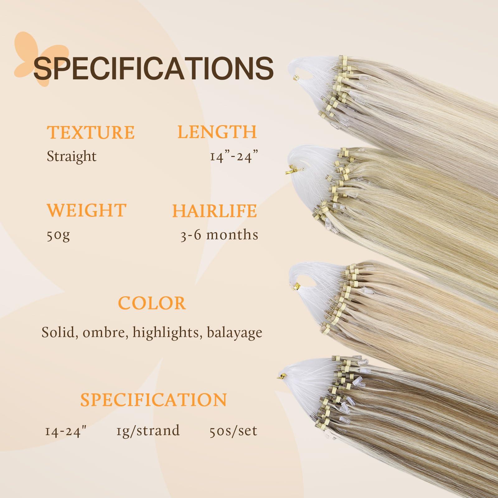 DOORES DOORES Hair Extensions Micro Link Hair Extensions Human Hair Virgin Hair, Ash Brown to Platinum Blonde 14 Inch 50g/50s, Micro Link Hair Extensions Short Human Hair