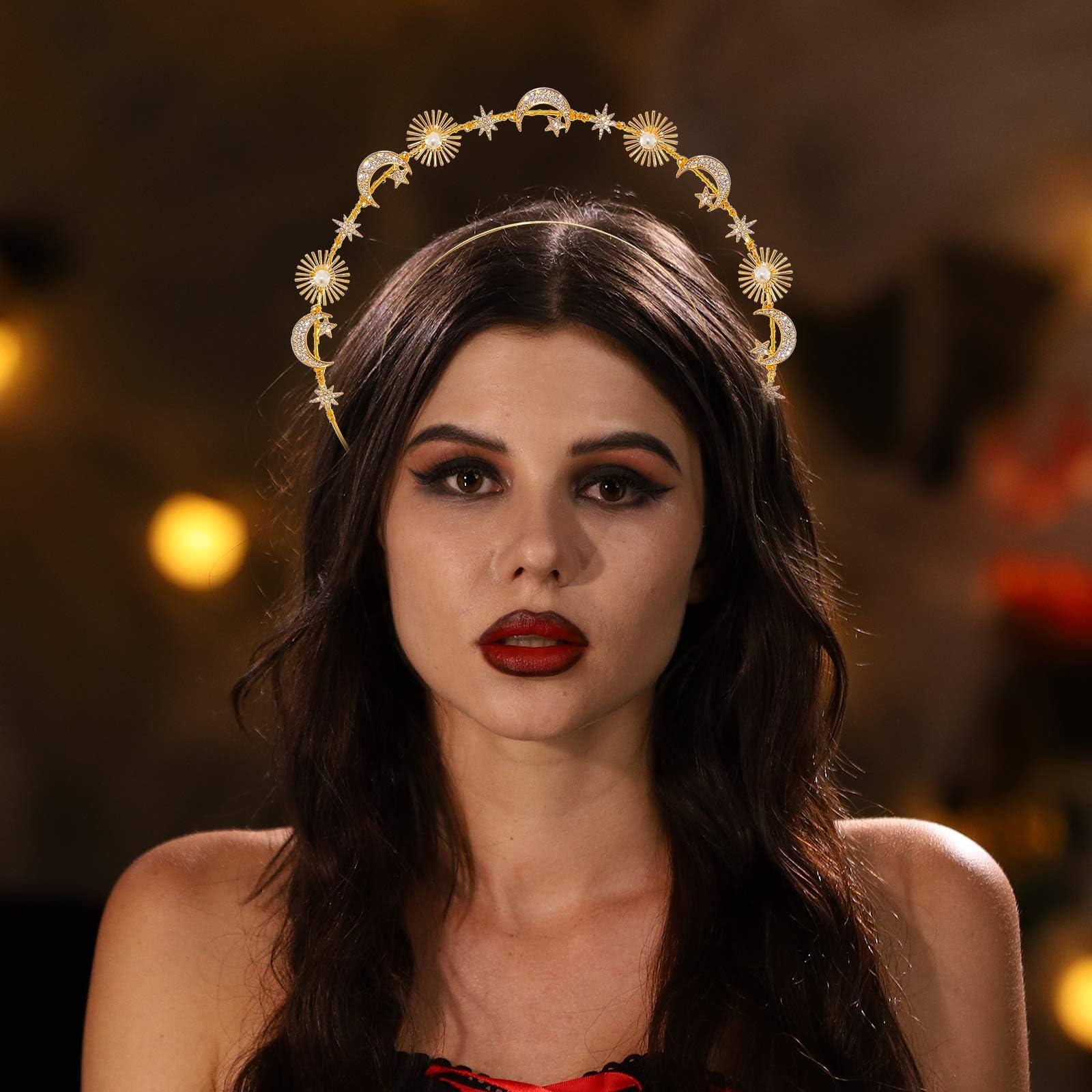 Wosois Wosois Gold Hair Band Rhinestone Hair Bands Crystal Double Loop Hair Bands Sun Star Moon Goddess Statue Hair Bands Seaside Vacation Photography Party Hair Band Accessories (Gold, Free)