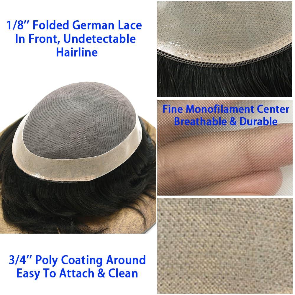 CURVE HAIR Durable Hair Piece Toupee For Men Real Human Hair System Natural Hairline Toupee Fine Monofilament Mens Toupee Hairpieces Protesis Capilar Para Hombre 9X11#1B Off Black 120% Density