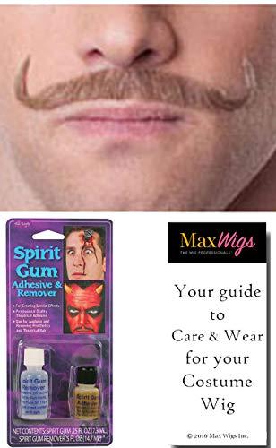 Sepia & Maxwigs Skinny Handlebar Color Grey - Sepia Costume Wigs Pencil Thin English Style Villain Upturn Human Hair Fiber Lace Back Face Lip Fancy Dress London #937 Bundle Spirit Gum Combo, Maxwigs Wig Care Booklet