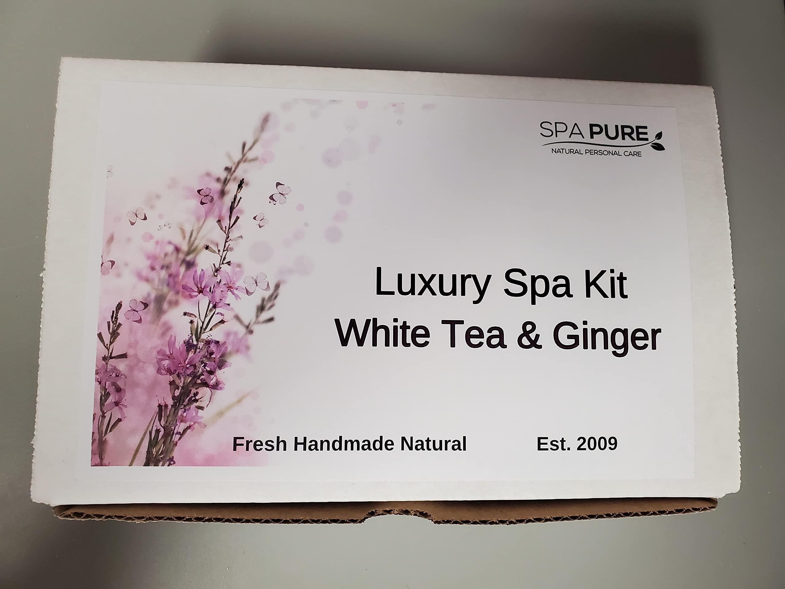 Spa Pure Spa Pure Luxury Spa Kit - 3 XL Bath Fizzies, 2 XL Shower Steamers, 3.5 oz Whipped Soap Scrub, Goat Milk Soap, Shower Gel (White Tea & Ginger)