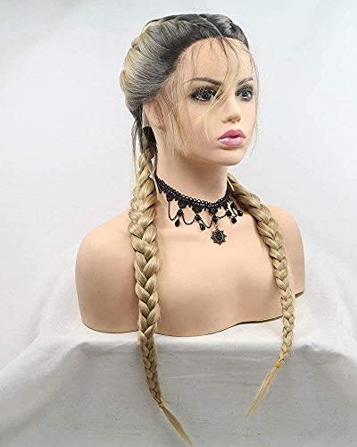 RainaHair Blonde Double Braided Wigs with Baby Hair Heat Resistant Synthetic Lace Front Wigs for Women Female Dark Roots Ombre Blonde Natural 2x Twist Braids Long Hair Glueless Synthetic Wig
