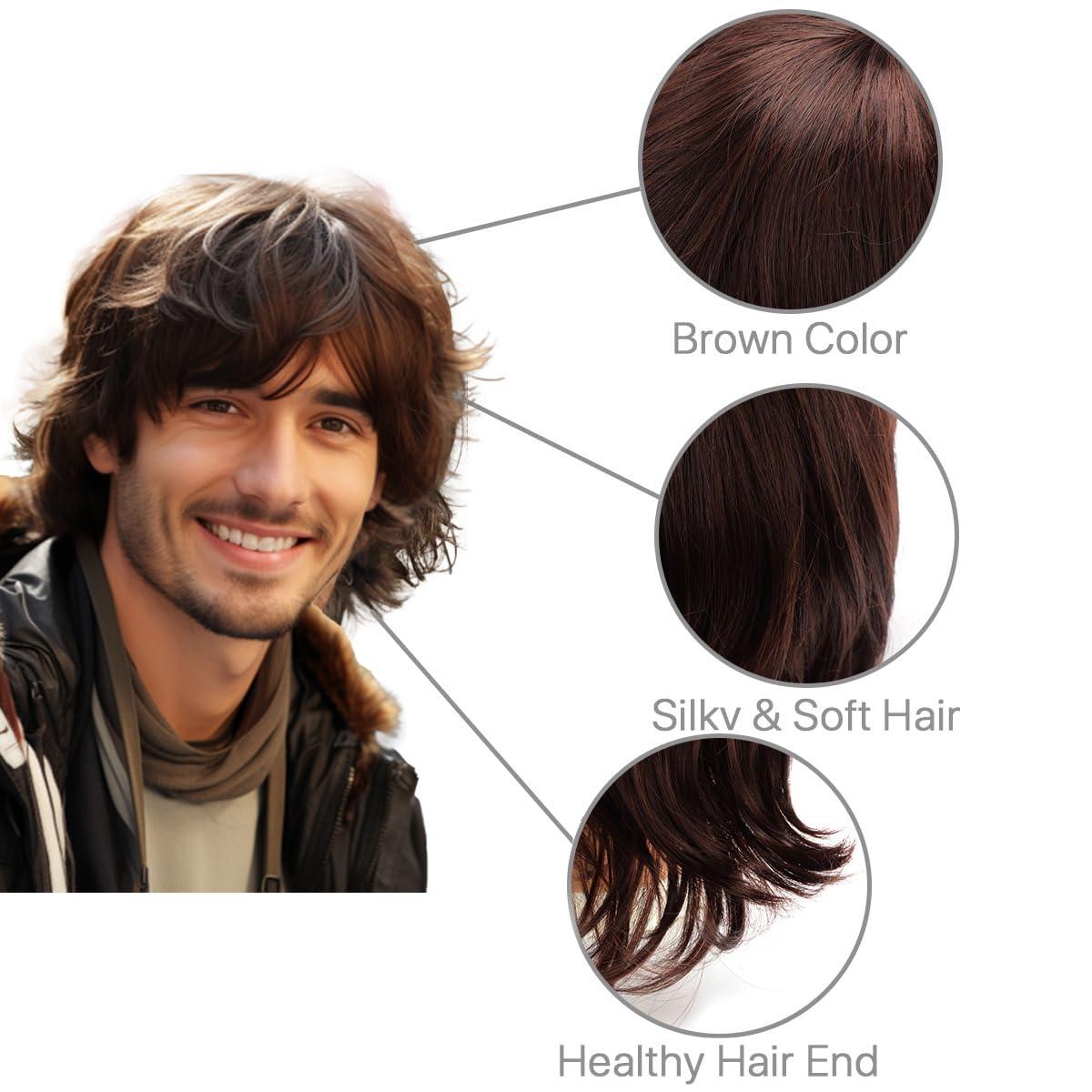 YWSQR Short Mens Wig|Brown Wigs for Men|Synthetic Mens Wigs|Fluffy 80s Wig for Party&Daily Use
