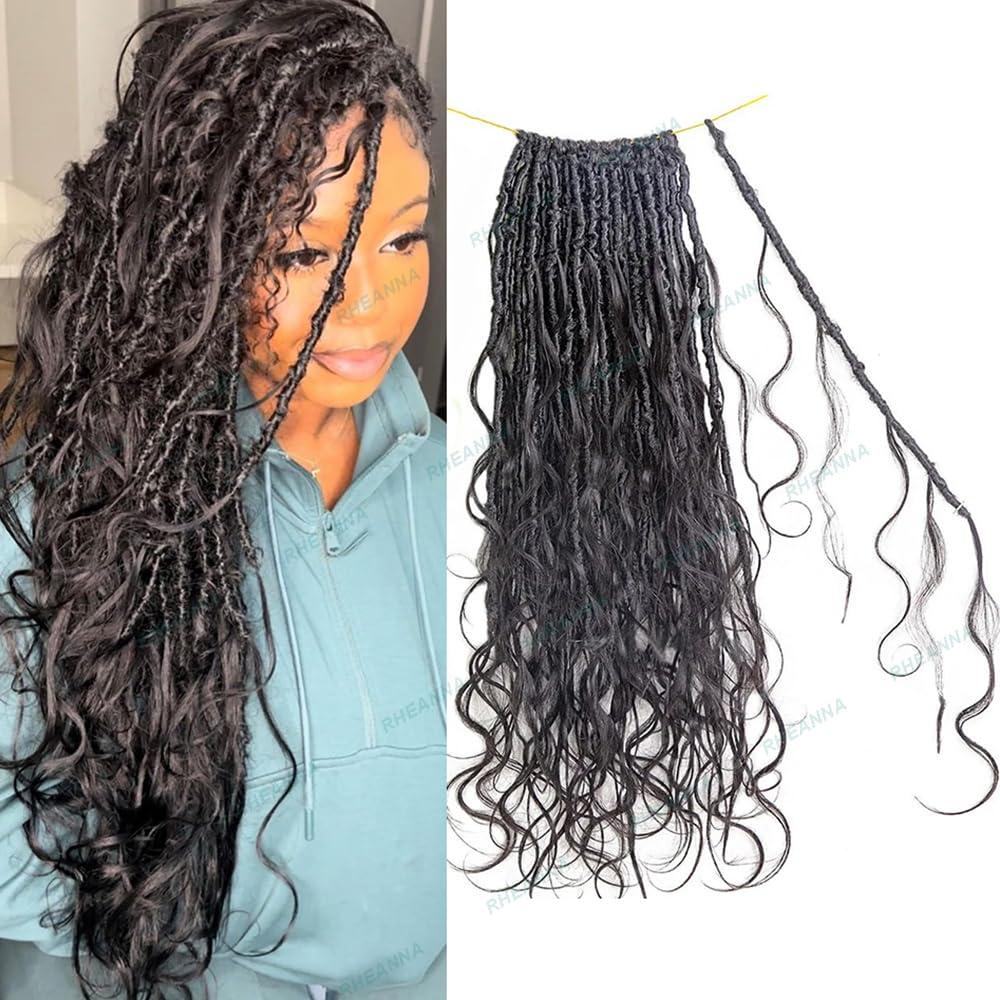 RHEANNA RHEANNA Pre-Looped Crochet Boho Goddess Locs With Human Hair Curls Curly Ends Body Wave Human Hair Locs Crochet Hair 22inch 72Strands