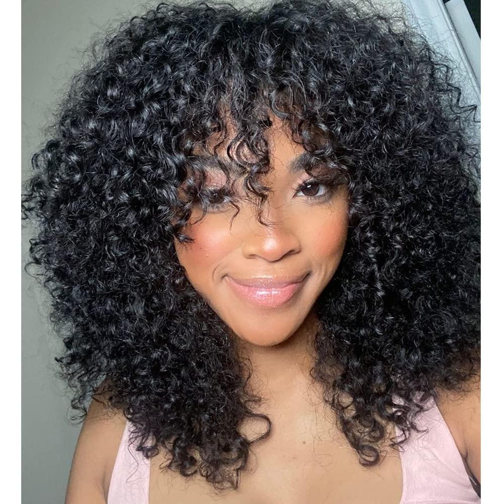 Young beauty Young beauty Curly Human Hair Wig With Bangs 100% Brazilian Human Hair Curly Wigs O Scalp Top Full Machine Made Wig for Black Women Loose Curly Wigs 180Density 20inch Natural Color