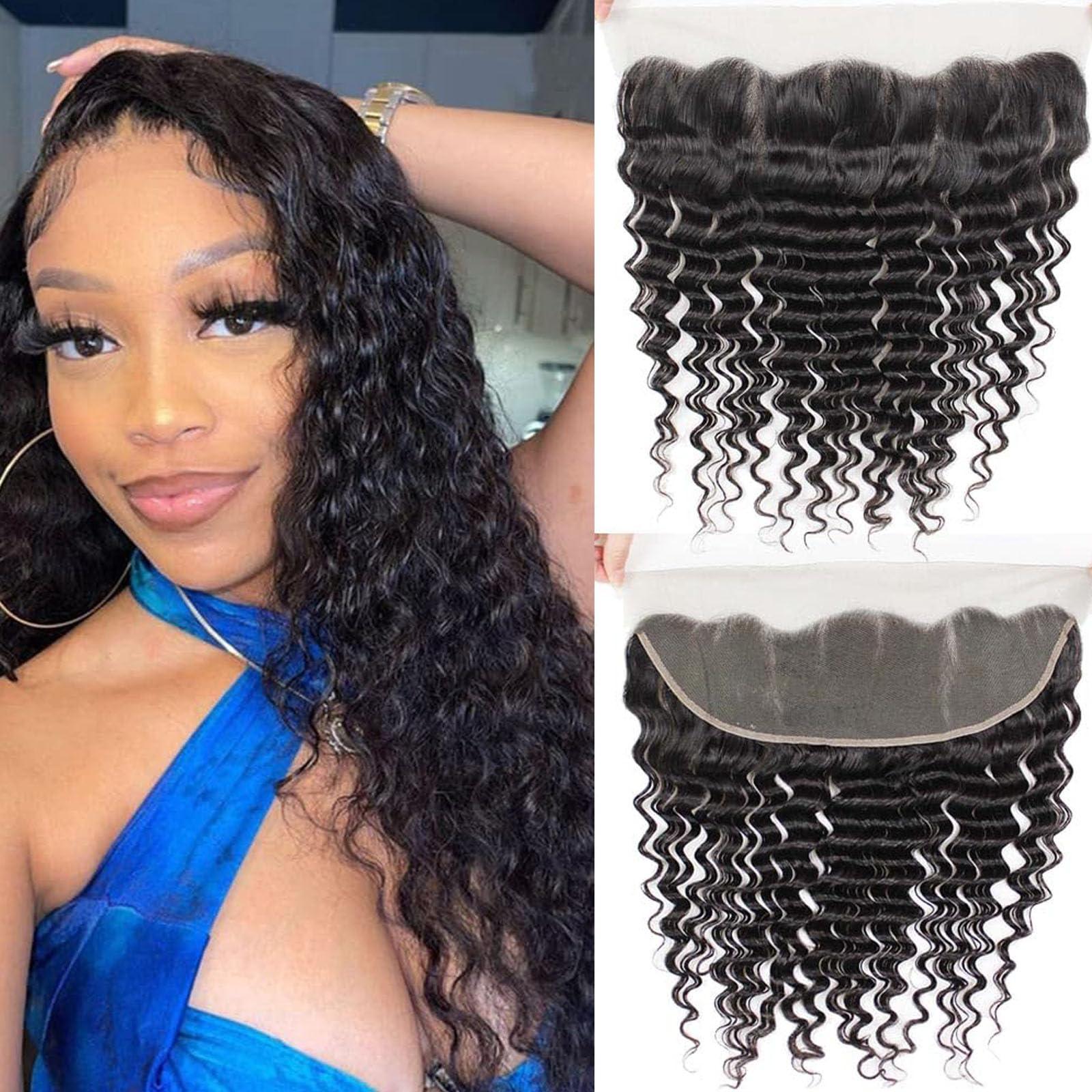 Doris beauty 13x4 Deep Wave Lace Closure Human Hair Deep Wave Lace Closure 100% Unprocessed Human Hair Free Part Deep Wave Closure Human Hair Natural Black Color (13x4 Deep Wave, 20 Inch)