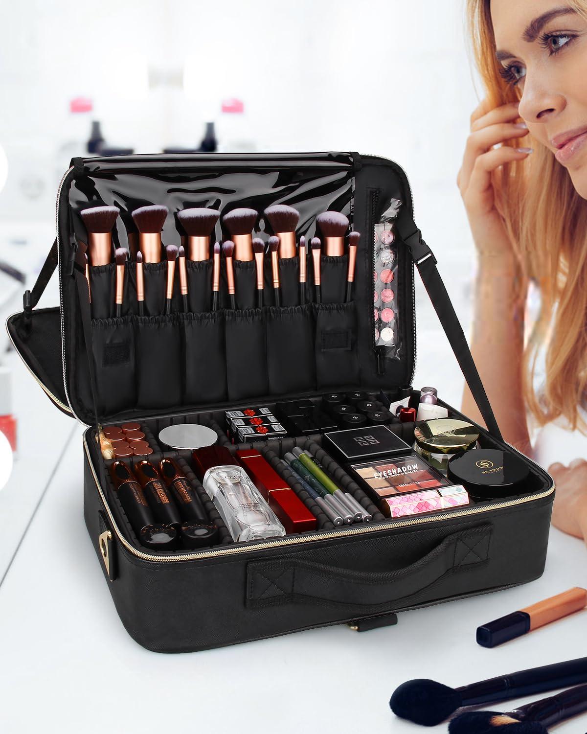 MONSTINA MONSTINA Large Makeup Travel Case Bag,Professional Makeup Artist Train Case with Brush organizer,Large Capacity Cosmetic Bag with Zipper Pocket and Adjustable CompartmentPU Leather Black