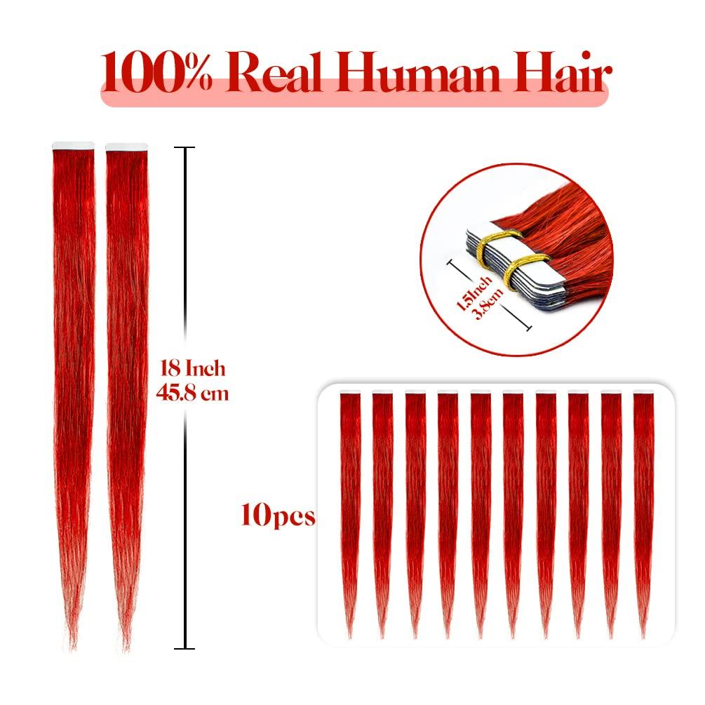 Winsky Winsky 18\" Red Tape in Hair Extensions Human Colored Hair - Glue in Remy Hairpiece 10pcs 25gram 100% Real Human Hair (18\" #Red)