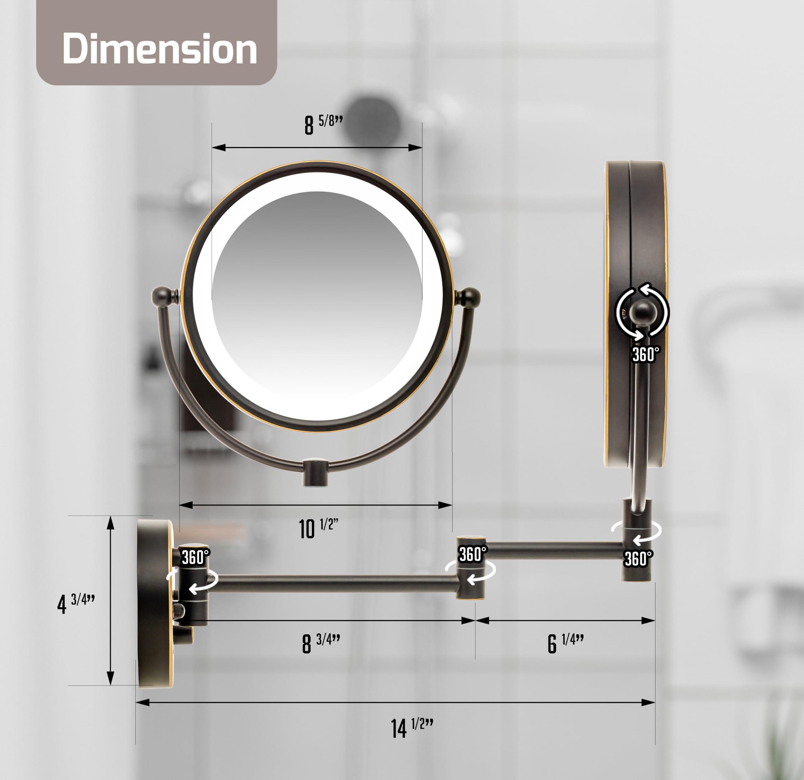 OVENTE OVENTE 9\" Lighted Wall Mount Makeup Mirror with 1X/7X Magnification, Double Sided Magnifying Vanity Mirror, LED Glow Light, 360 Swivel Design, Extendable & Folding Arm, Rubbed Bronze MPWD3185BZ1X7X