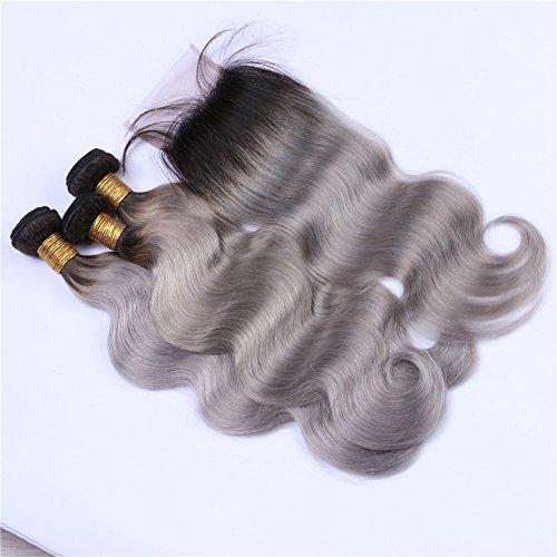 Tony beauty hair Tony Beauty Hair Silver Grey Ombre Brazilian Human Hair Wefts With Closure Body Wave Dark Roots 1B/Grey Ombre 4x4 Lace Closure With 3 Bundles 4Pcs Lot (24 24 24 with 20)