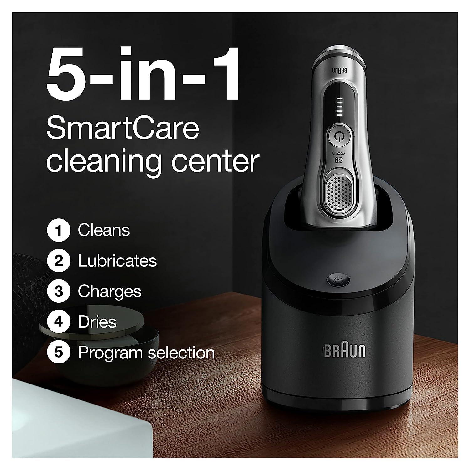 Braun Braun Electric Razor for Men, Waterproof Foil Shaver, Series 9 9390cc, Wet & Dry Shave, With Pop-Up Beard Trimmer for Grooming, Cleaning & Charging SmartCare Center and Leather Travel Case, Silver