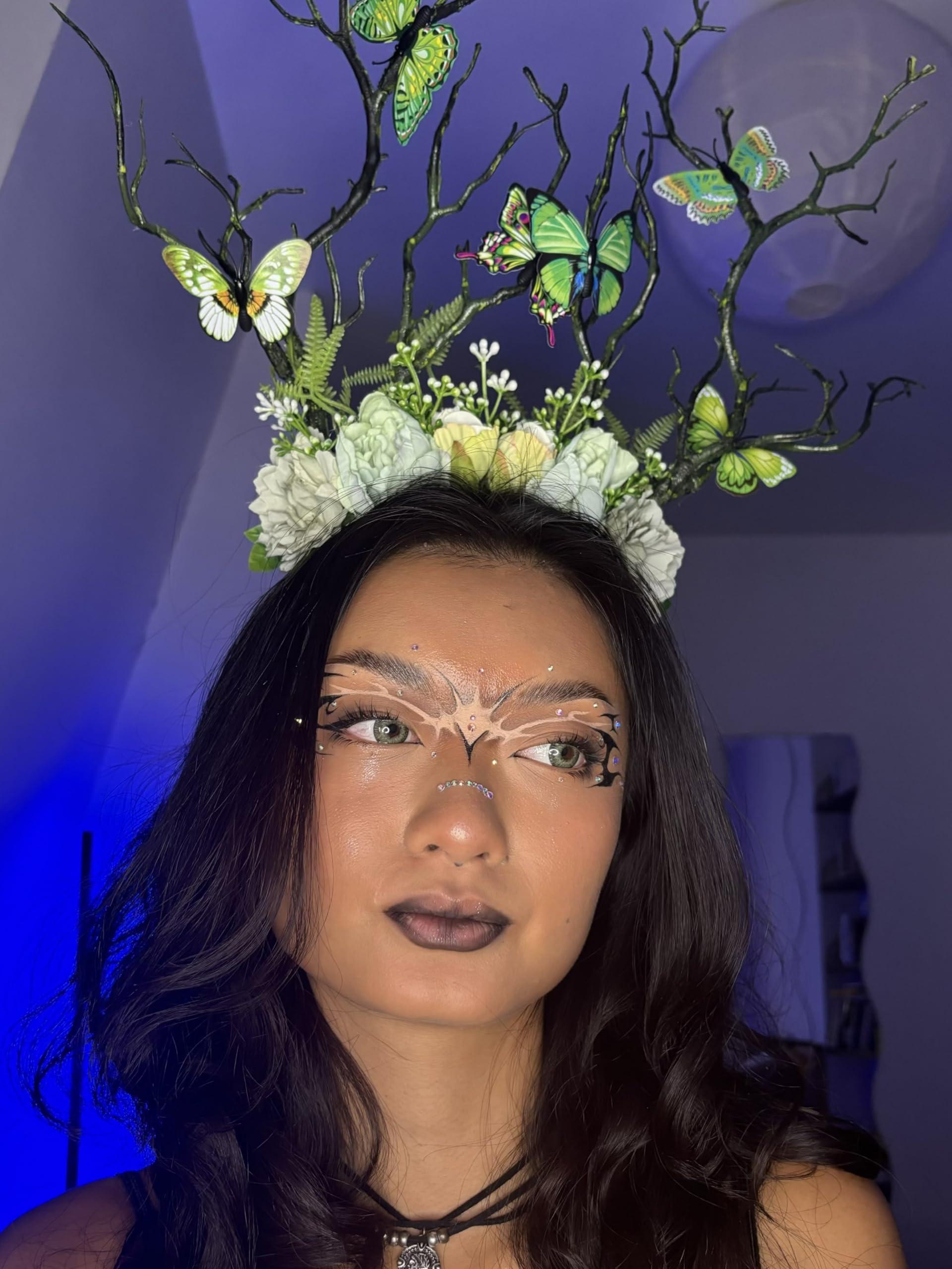 MOSTORY MOSTORY Green Flower Branch Headband - Handmade Tree Hairband with Butterfly Woodland Headband Floral Forest Crown for Women Renassance Renfaire Woodland Costume Cosplay Photoshoot