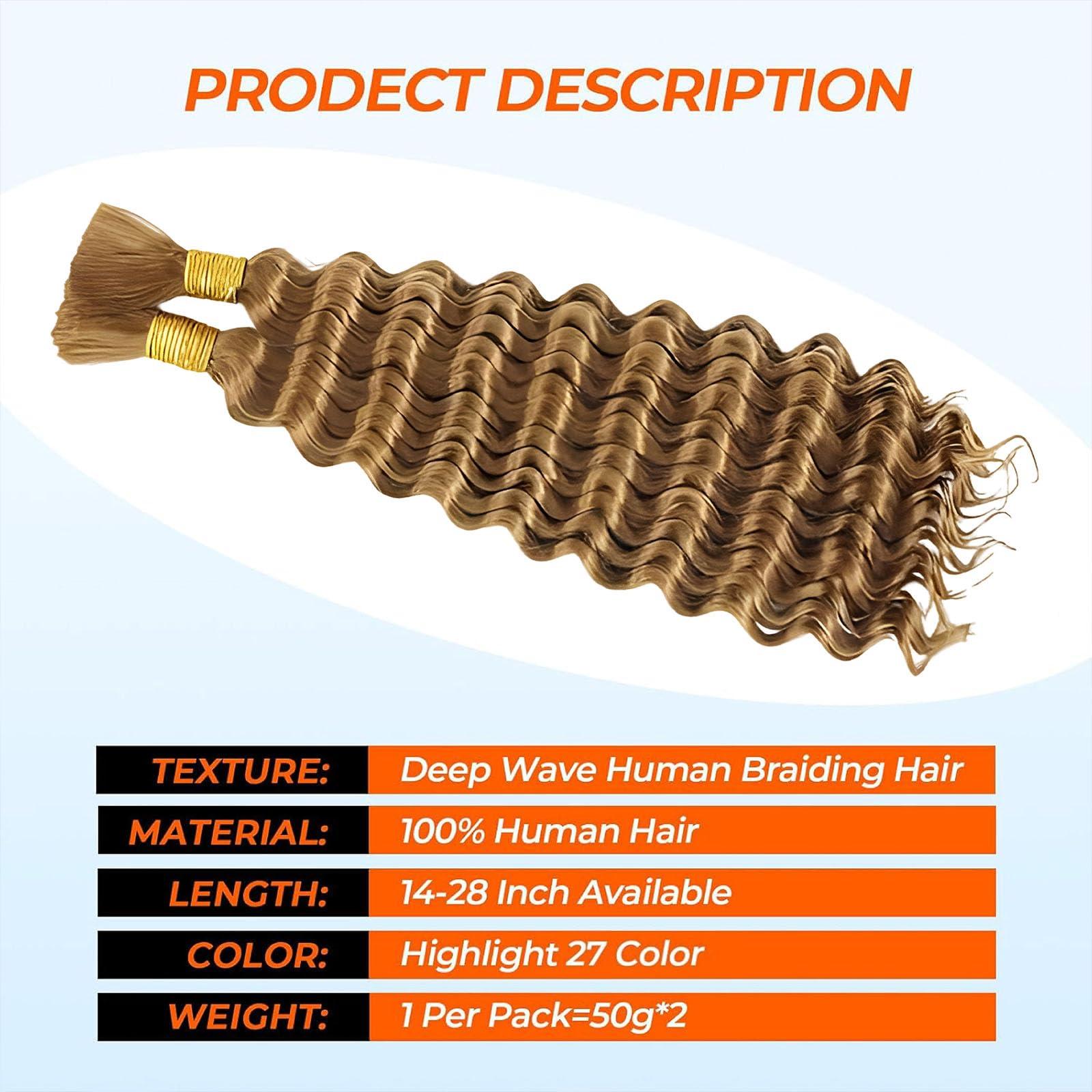 Slide-Ex Human Braiding Hair for Boho Braids #27 22 Inch 2 Bundles 100g Deep Wave Bulk Human Boho Hair for Braiding 14A Virgin Curly Human Hair for Boho Knotless Braids Human Hair(P27, 22 Inch)