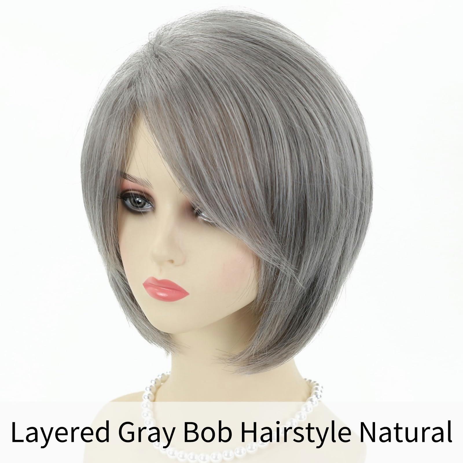 RENERSHOW RENERSHOW Layered Bob Short Gray Wigs for Women Mixed Gray Cute Straight Pixie Bob Wig Synthetic Haircuts Grey Side Part Inverted Bob Wig Natural