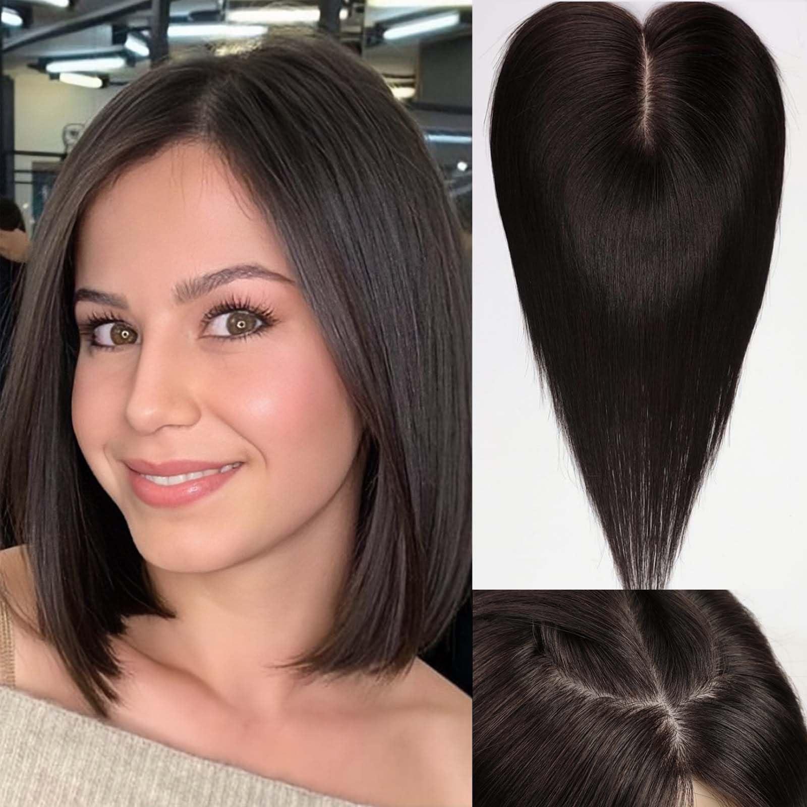 starluck starluck Hair Toppers for Women 100% Real Human Hair, 12 Inch Black Brown No Bangs, Pure Hand-Tied Silk Base with 3 Clips in Wiglets Toppers,Human Hair Toppers for Women with Thinning Hair