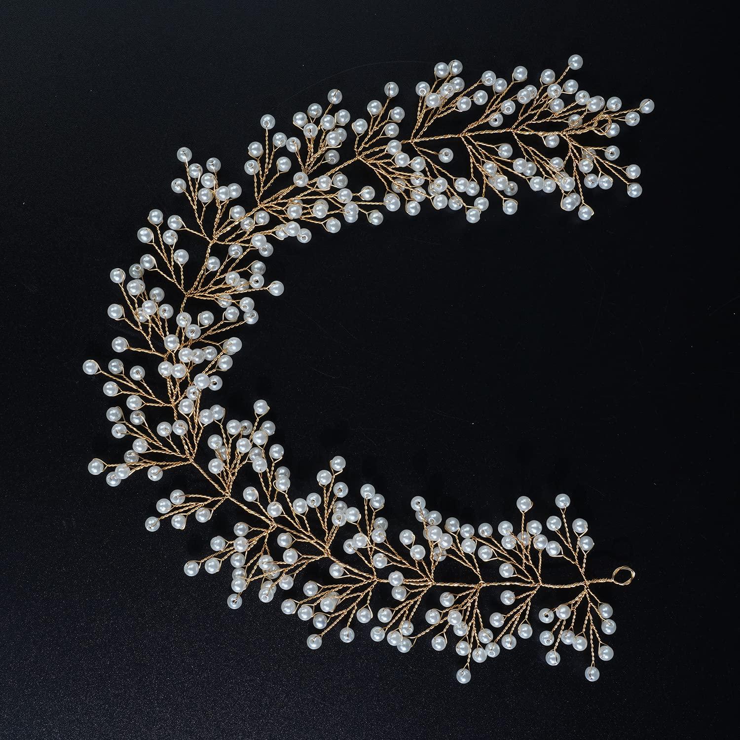 Xerling Xerling Brides Pearl Hair Vine Gold Headband for Girls Crystal Hairband Hair Accessories Wedding Bridal Head Piece for Women (Gold)