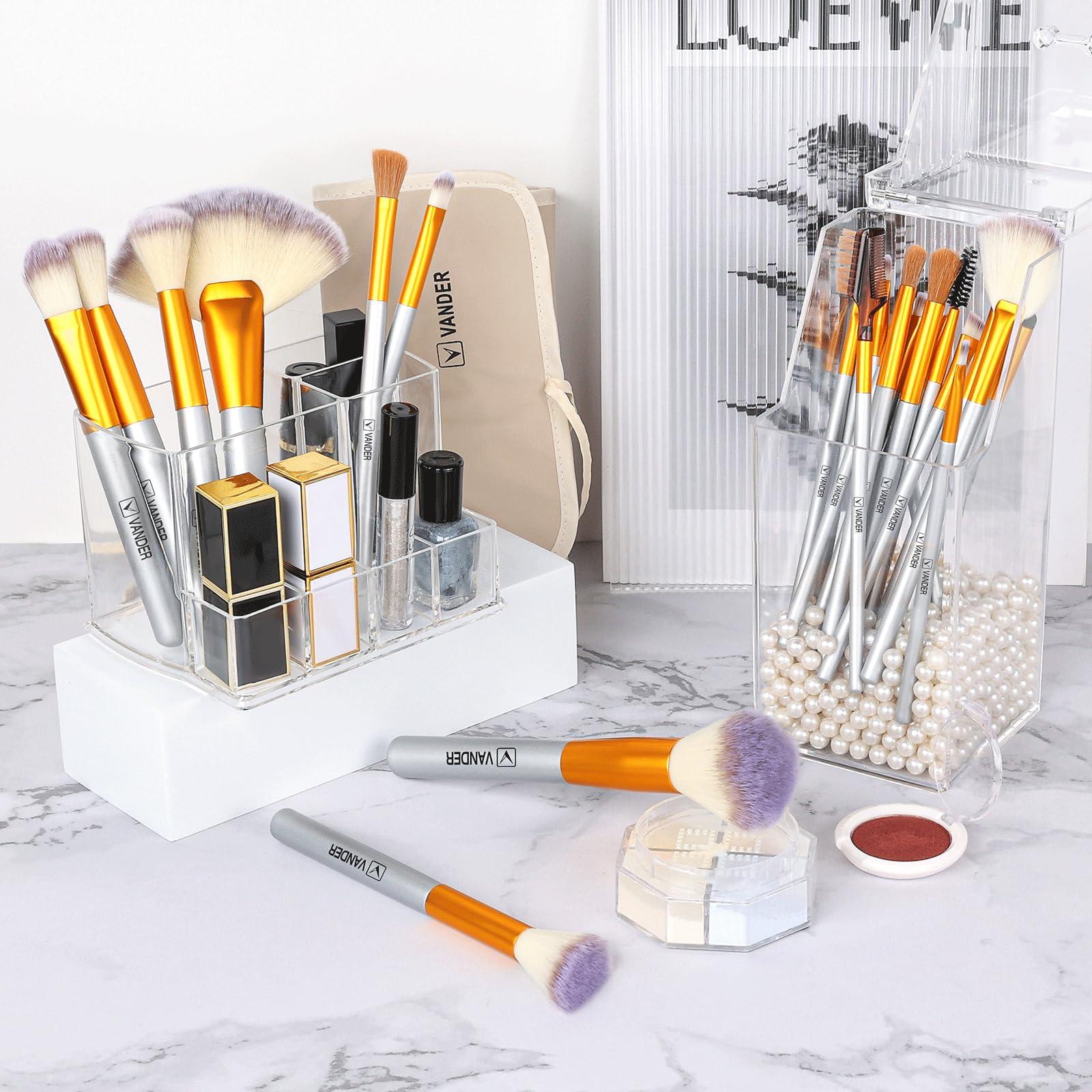 Vander VANDER Makeup Brushes 24Pcs Makeup Brush Set - Professional Make Up Brushes with Soft Synthetic Bristles & Wooden Handle, Includes Makeup Bag for Travel,Champagne