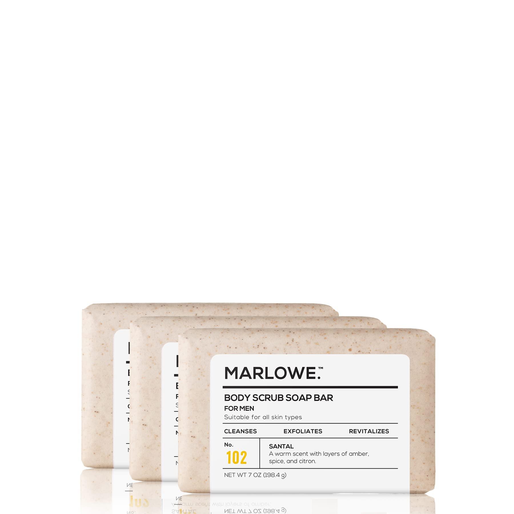 MARLOWE. M BLEND MARLOWE. No. 102 Men\'s Body Scrub Soap 7 oz (3 Bars) Warm Santal Scent, Best Exfoliating Bar for Men, Made with Natural Ingredients, Apricot Seed Powder, Shea Butter, Olive Oil, Green Tea Extracts