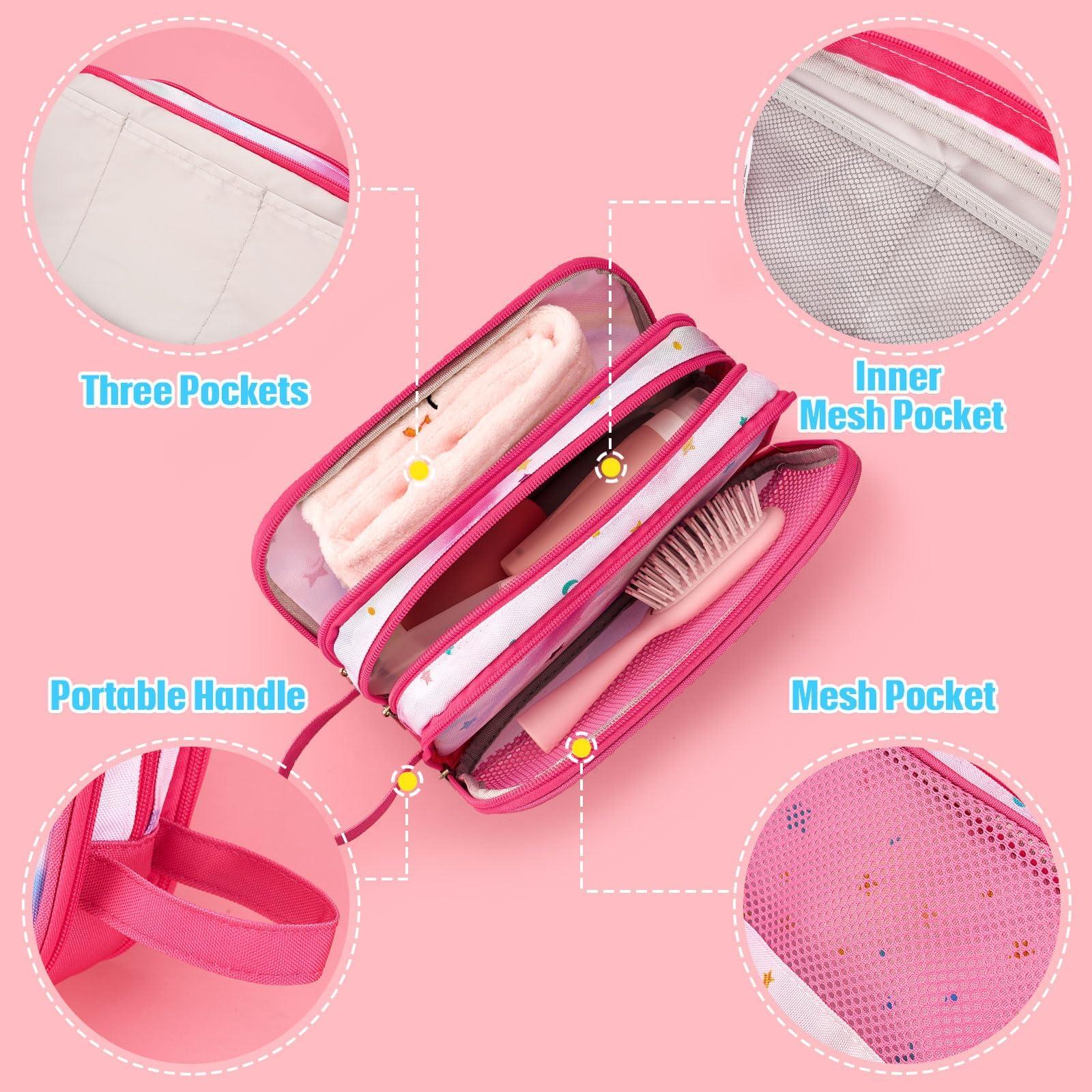 WAWSAM WAWSAM Rainbow Pink Toiletry Bag - Travel Toiletry Bag for Kids Girls Christmas Birthday Gift Camping Toiletry Case Toiletries Makeup Cosmetic Pouch Pink Water-resistant Wash Bag Dopp Kit with Pocket