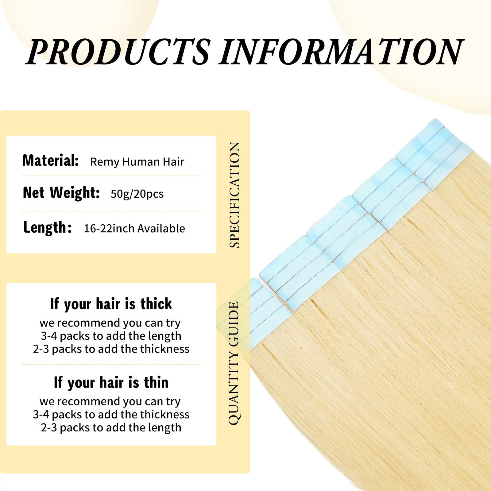 FAAAL 18 inch Tape in Hair Extensions Human Hair Invisible Straight Tape Hair Extensions for Women 20 Pcs/50g Seamless Skin Weft Real Hair Extensions Tape ins Human Hair Platinum Blonde