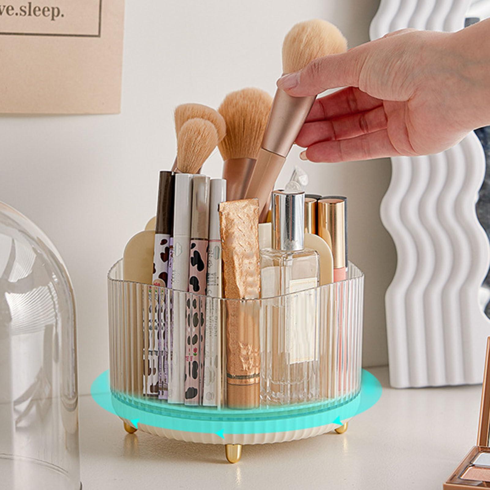 CHEOTIME CHEOTIME Makeup Brush Holder with Lid, Makeup Brush Storage Box Rotating Cosmetics Display Case Dustproof Make Up Brushes Storage Bucket (Milk White)