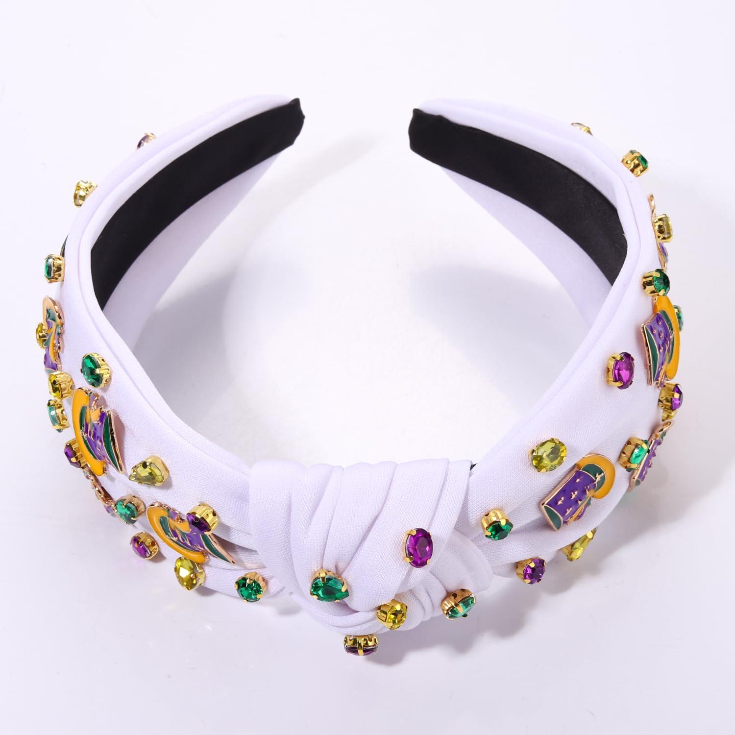 MOLOCH MOLOCH Mardi Gras Headband for Women Enamel Top Hat Knotted Headband Purple Yellow Green Carnival Crystal Headband Fat Tuesday Hair Accessories Gifts
