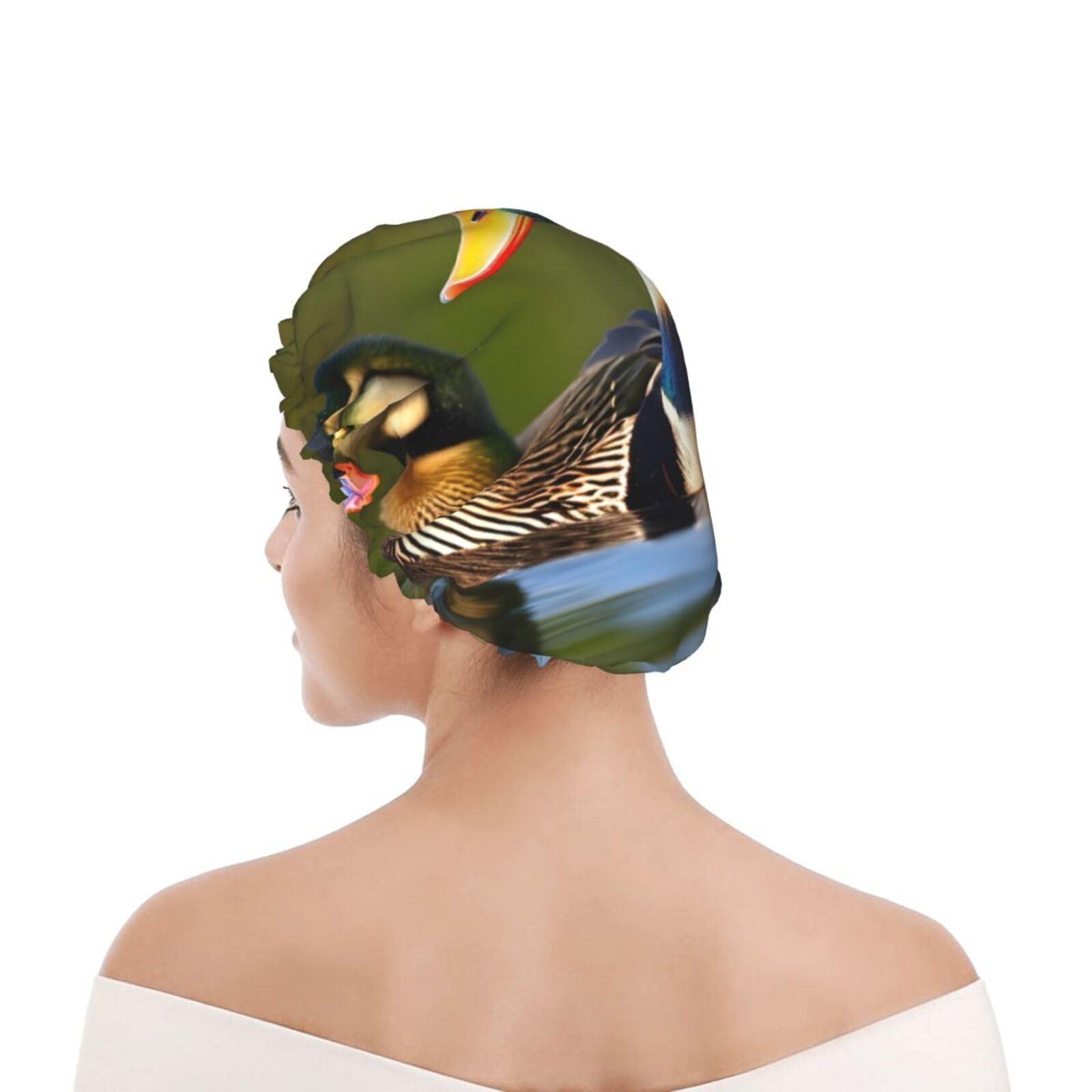 FRGMNT two mallard ducks Print Reusable Shower Cap for Women,Double Waterproof Layers Bathing Hat,Quick Drying Bath Hair Cap