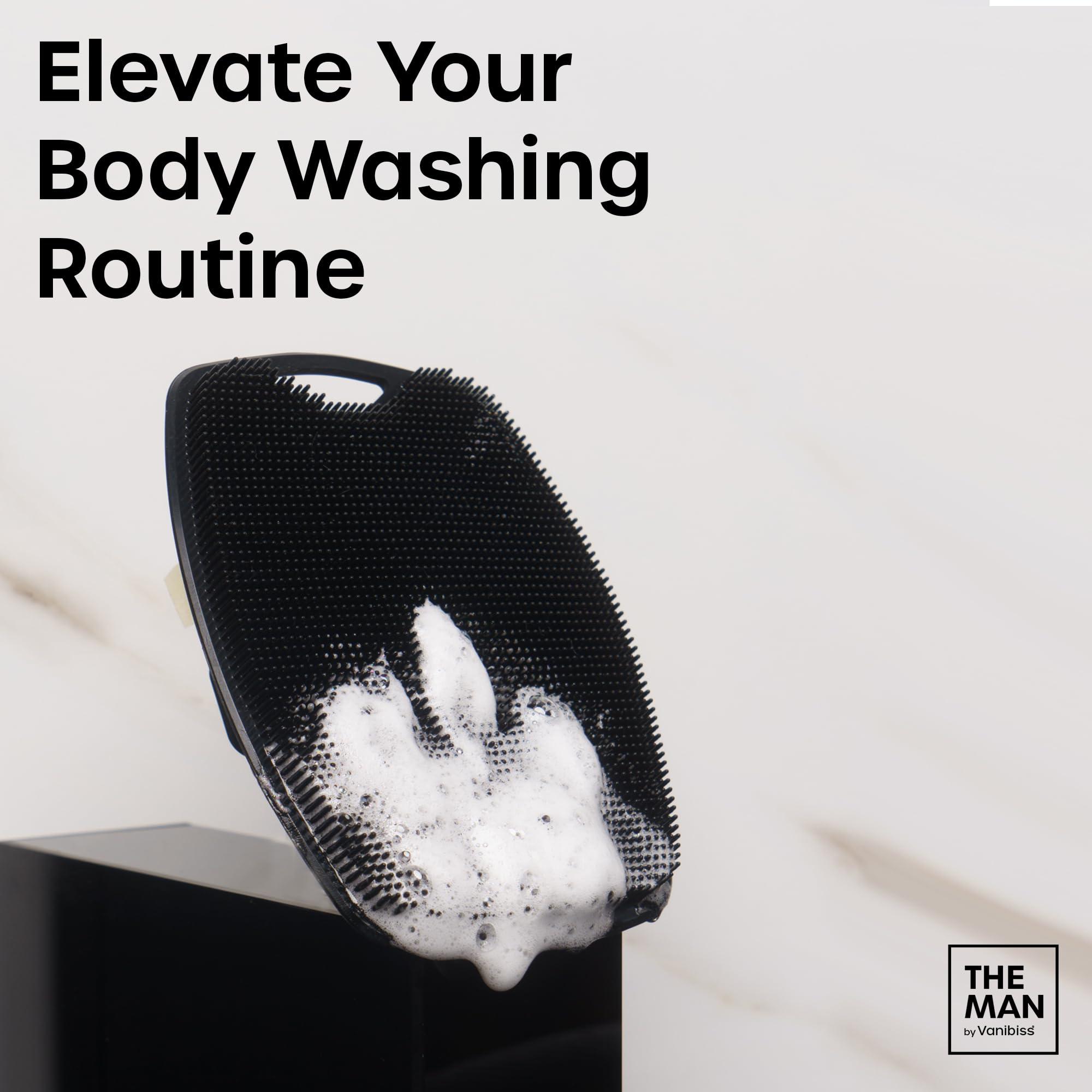 Vanibiss The Man Body Scrubber & Hook - Silicone Body Scrubber for Men - Shower Scrubber for Men - Silicone Body Buffer Hygienic & Easy to Clean - Soft Bristles & Non-Slip Handle - Body Washing Brush (1 Set)