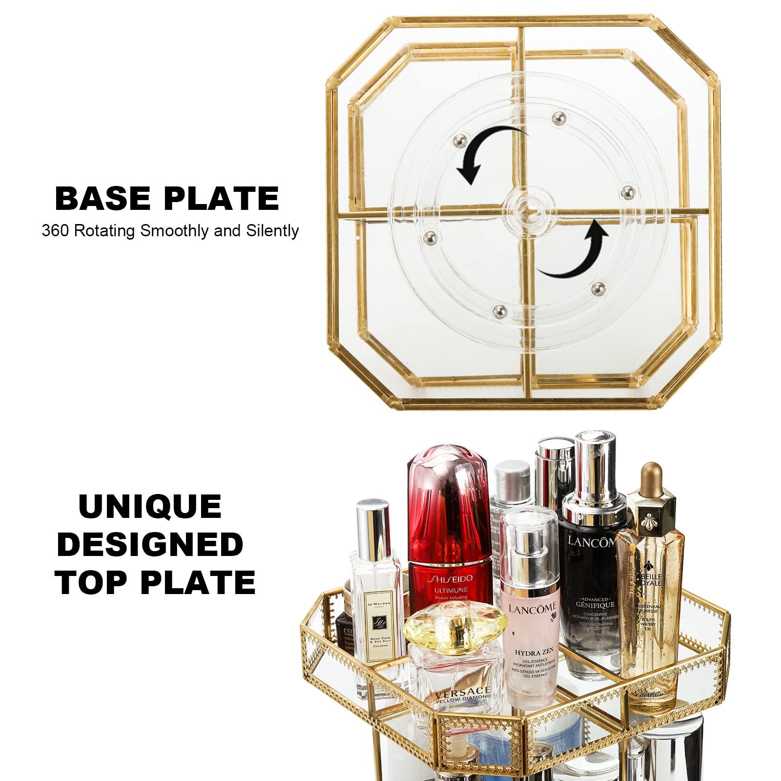 ZOOFOX ZOOFOX 360 Degree Rotating Glass Makeup Organizer, Large Cosmetics Storage Display Holder with Gold Trim for Vanity, Clear Makeup Carousel for Perfume, Cosmetics, Brushes, Lotion, Lipsticks