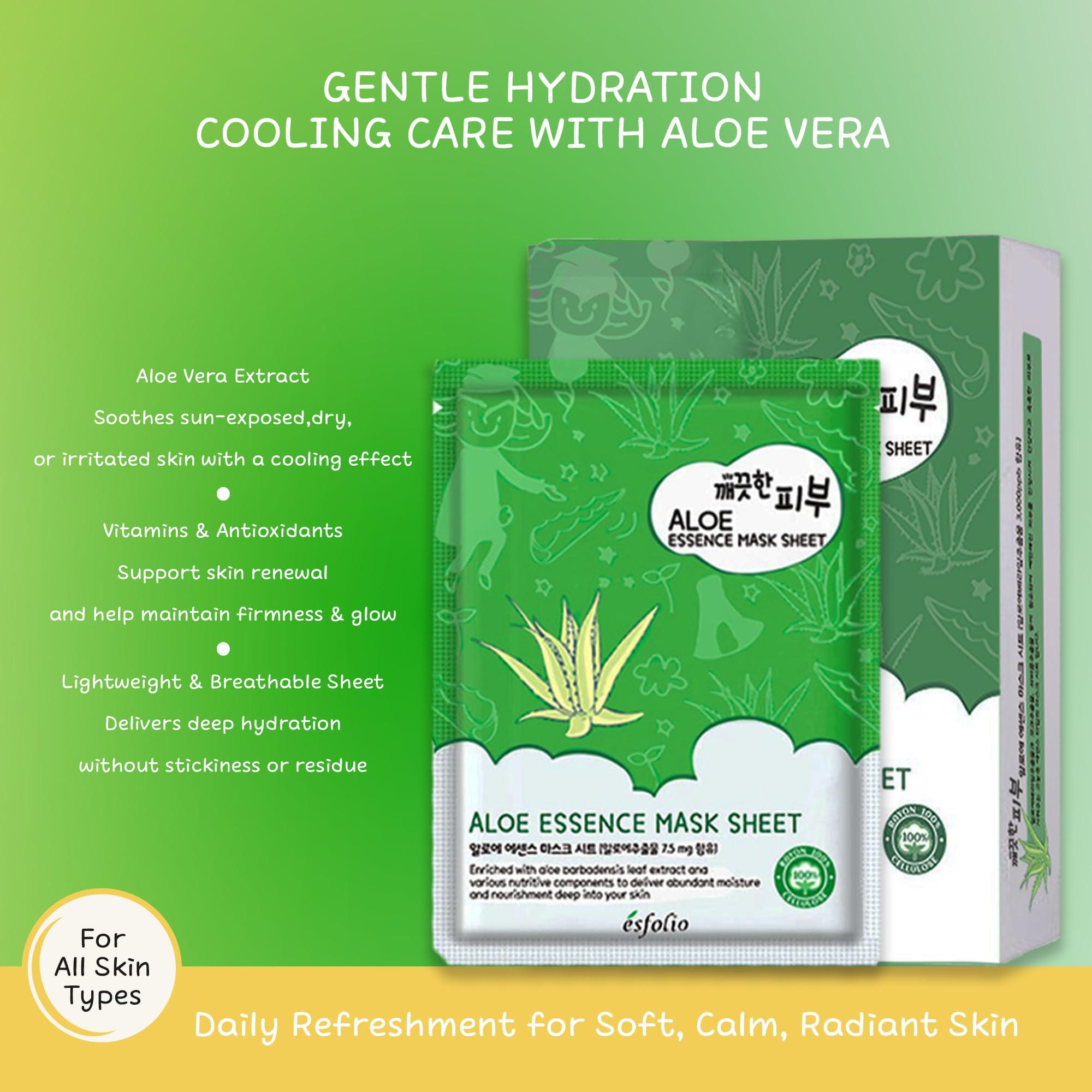 esfolio Esfolio Pure Skin Aloe Vera Essence Mask Sheet  Hydrating & Soothing Korean Face Mask for Dry, Sensitive, Sun-Exposed Skin  Moisturizing, Calming Skincare for Redness Relief Skin Repair (Pack of 10)