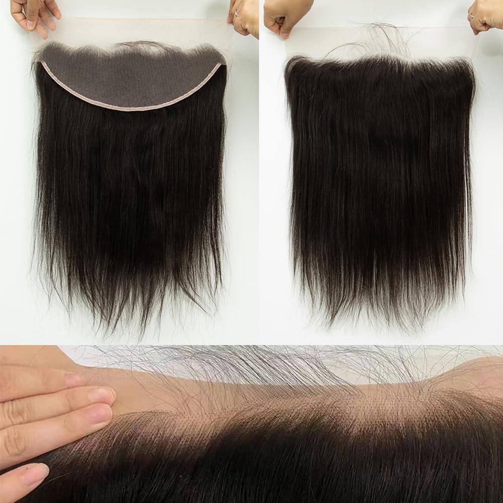 Topnormantic Topnormantic Straight Bundles with Frontal Human Hair (14 16 18+14) 12A Grade Brazilian Human Hair 3 Hair Bundles with 13x4 Lace Frontal Free Part 100% Unprocessed Virgin Hair Straight Weave