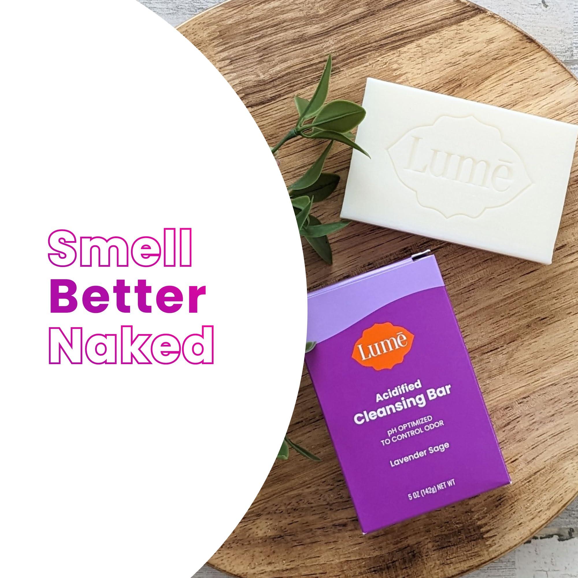 Lume Lume Acidified Body Cleansing Bar - 24 Hour Odor Control - Removes Odor Better than Soap - Moisturizing Formula - Formulated Without SLS and Parabens - OB/GYN Developed - 8.5 ounce (Lavender Sage)