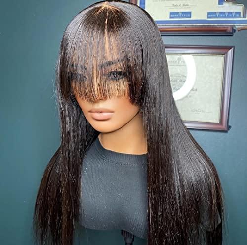 HAOKE Silk Top Wig Human Hair Straight Wigs Human Hair for Black Women Long Black Wig With Bangs Real Human Hair Jet Black Glueless Human Hair Wigs Middle Part Lace Front Wigs (20inch,Jet Black )