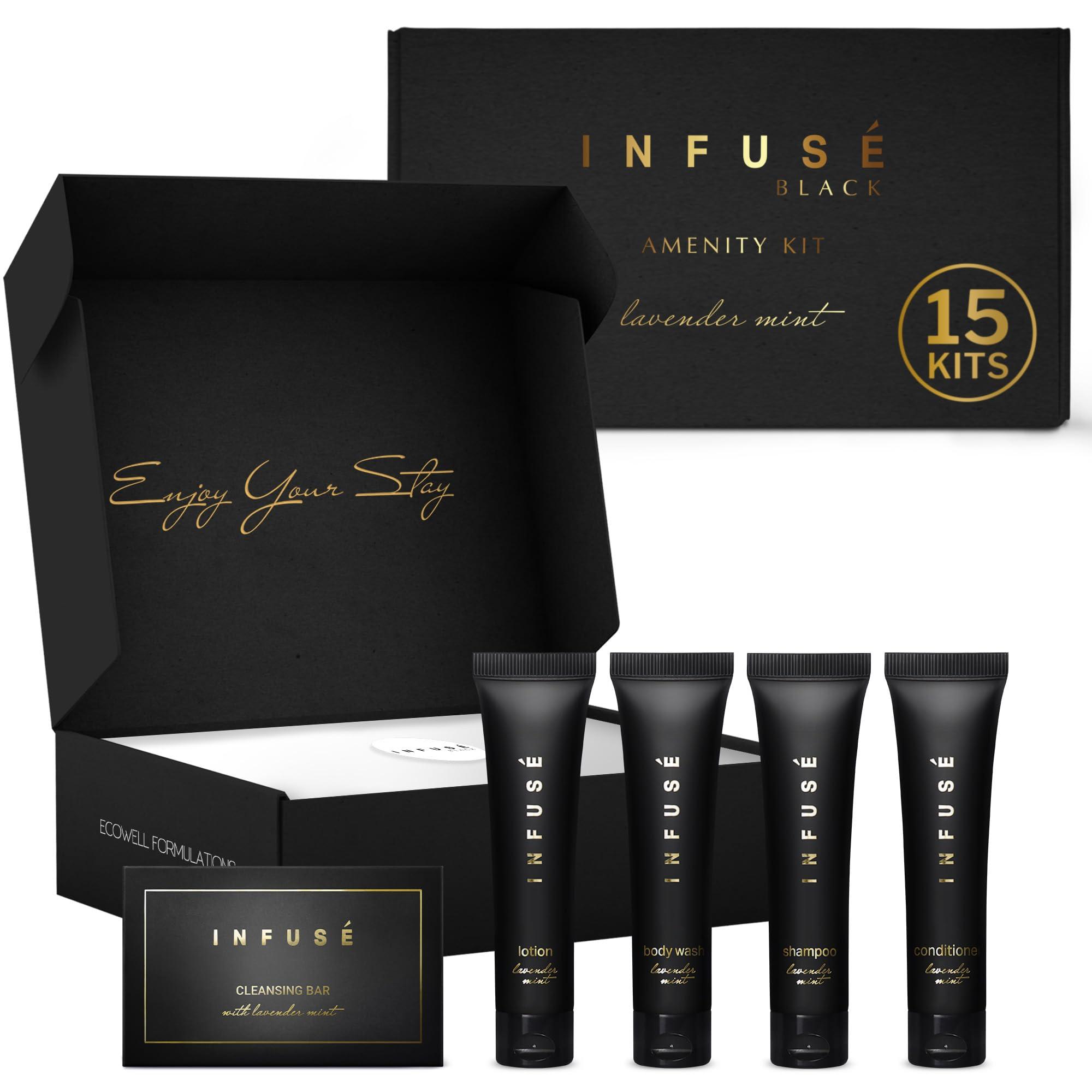 INFUS Infuse Black Amenity Kit | Boxed Hotel Toiletries | Bulk Set 1 oz Travel Size Shampoo, Conditioner, Lotion, Body Wash & Cleansing Bar for Guest Hospitality AirBnB/Vacation Rentals | 75 Pieces