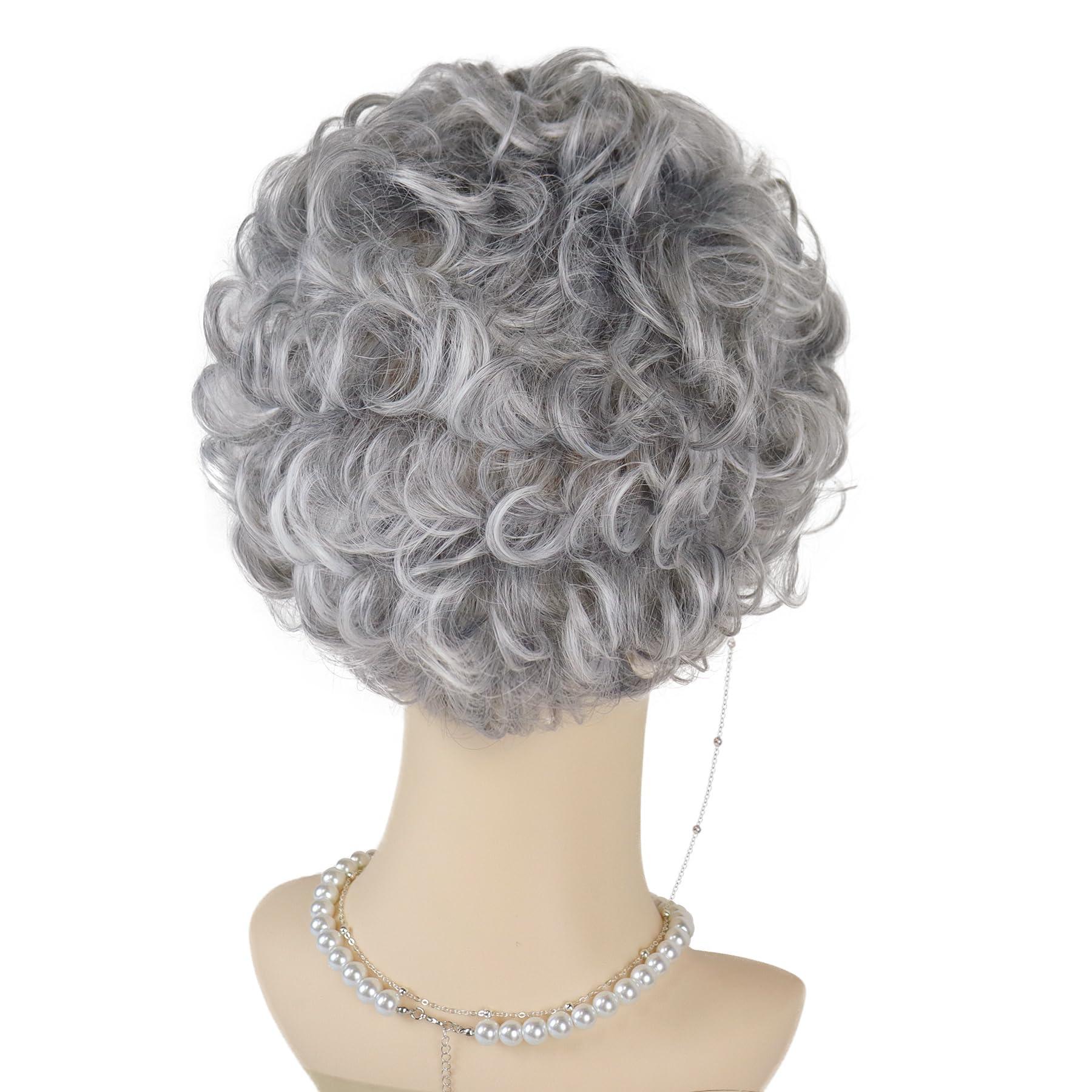 GNIMEGIL GNIMEGIL Old Lady Wig Short Dark Grey Curly Grandma Wig with Bangs Cosplay Costume Halloween Christmas Wig Accessories 4pcs Set(Wig+Glasses+Necklace+Chain)