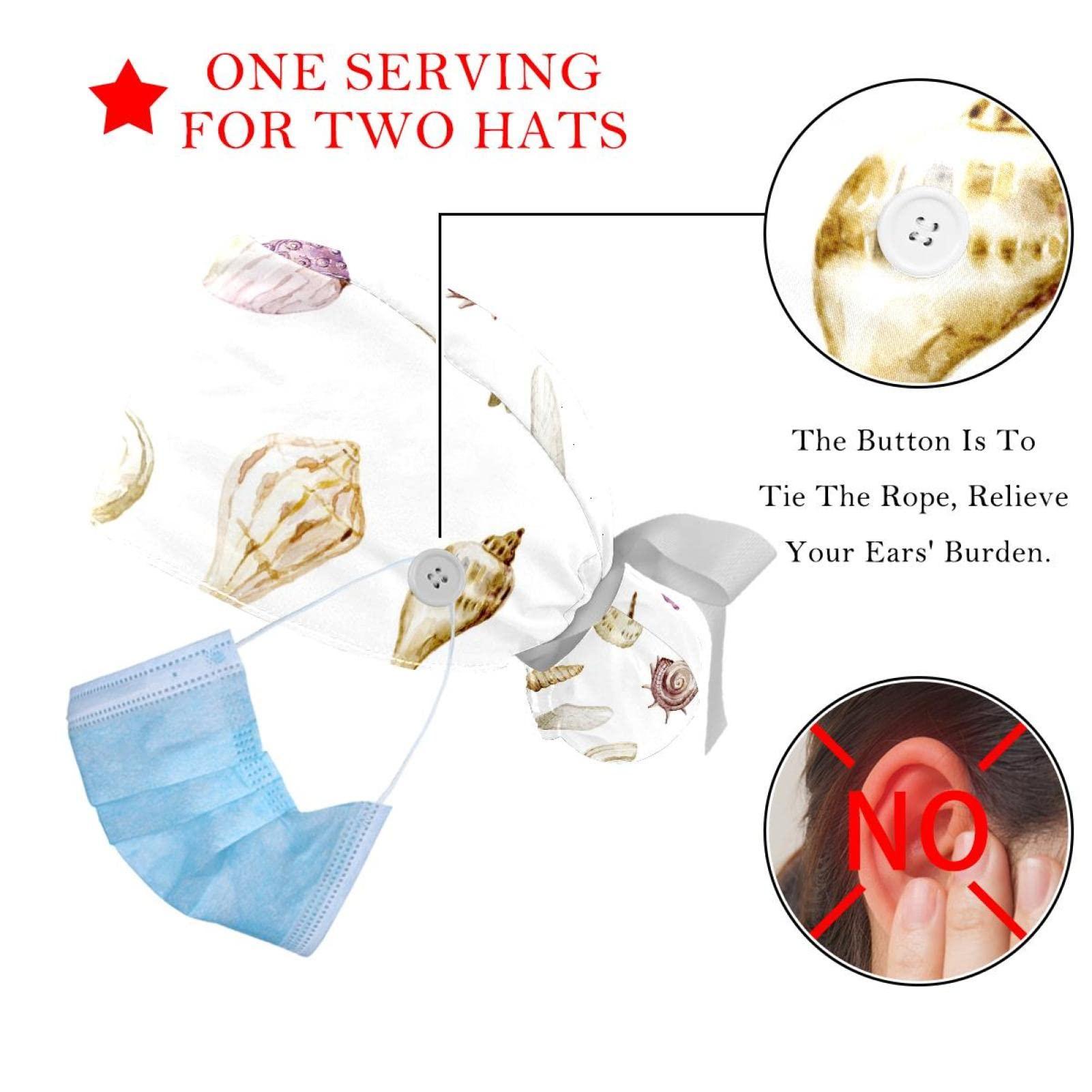 Lyetny Set of Shells Graphic Scrub Caps Hats Women Bouffant Working Hat Ponytail Holder for Women Long Hair Covers 2PCS