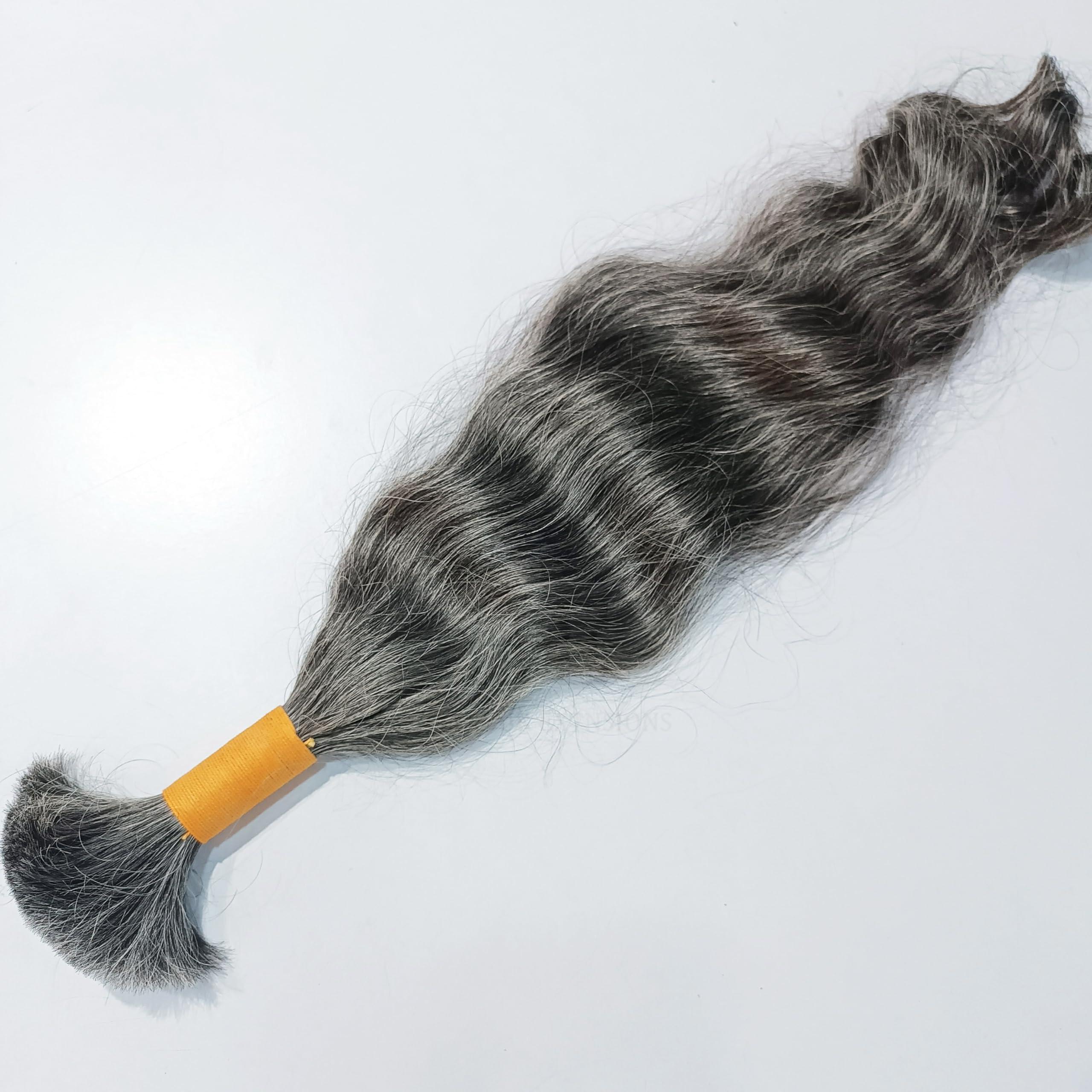 Hat Hair Extensions 100% Natural Raw Unprocessed Hair Extensions (Grey), Indian Grey Braiding Wavy Human Grey Hair Extensions salt and pepper. non-sewn bulk/braid grey salt and pepper human hair. (14 Inches)