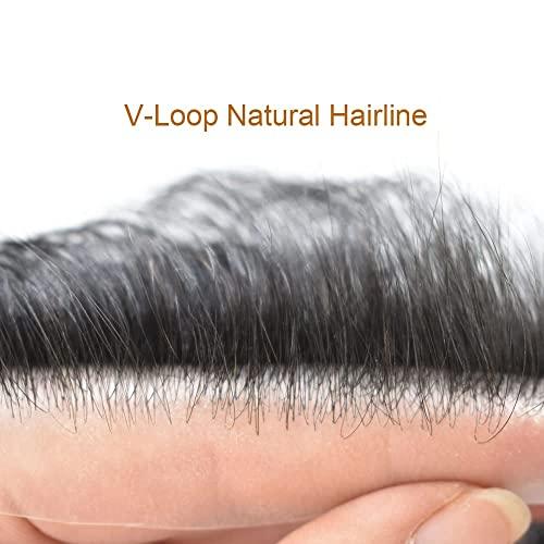 Curve Hair Invisible Mens Receding Hairline Human Hair Replacement System Mens Hairline Toupee V-Loop Skin PU Frontal Hairpiece Natural V-Shape (4cmX18cm, 3 Dark Brown)