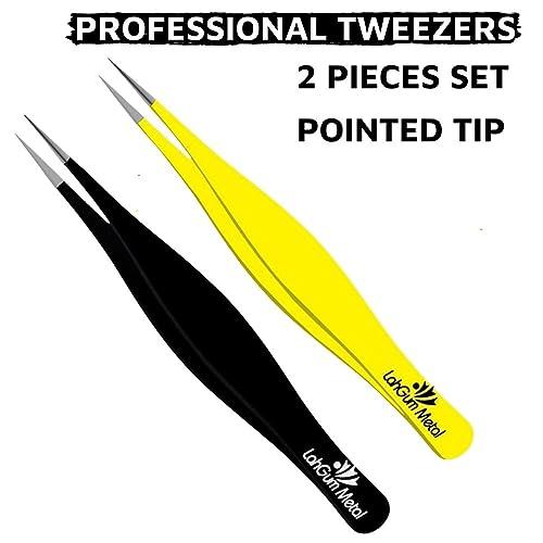 LahGum Metal Super Sharp Pointed Tweezers Precision Fine Point Tip Ingrown Hair Tweezers Kit Best Pointed Tweezers for Women Chin Hair Removal - Extra Thin Tweezers Precision Stainless Facial Hair Remover for Face