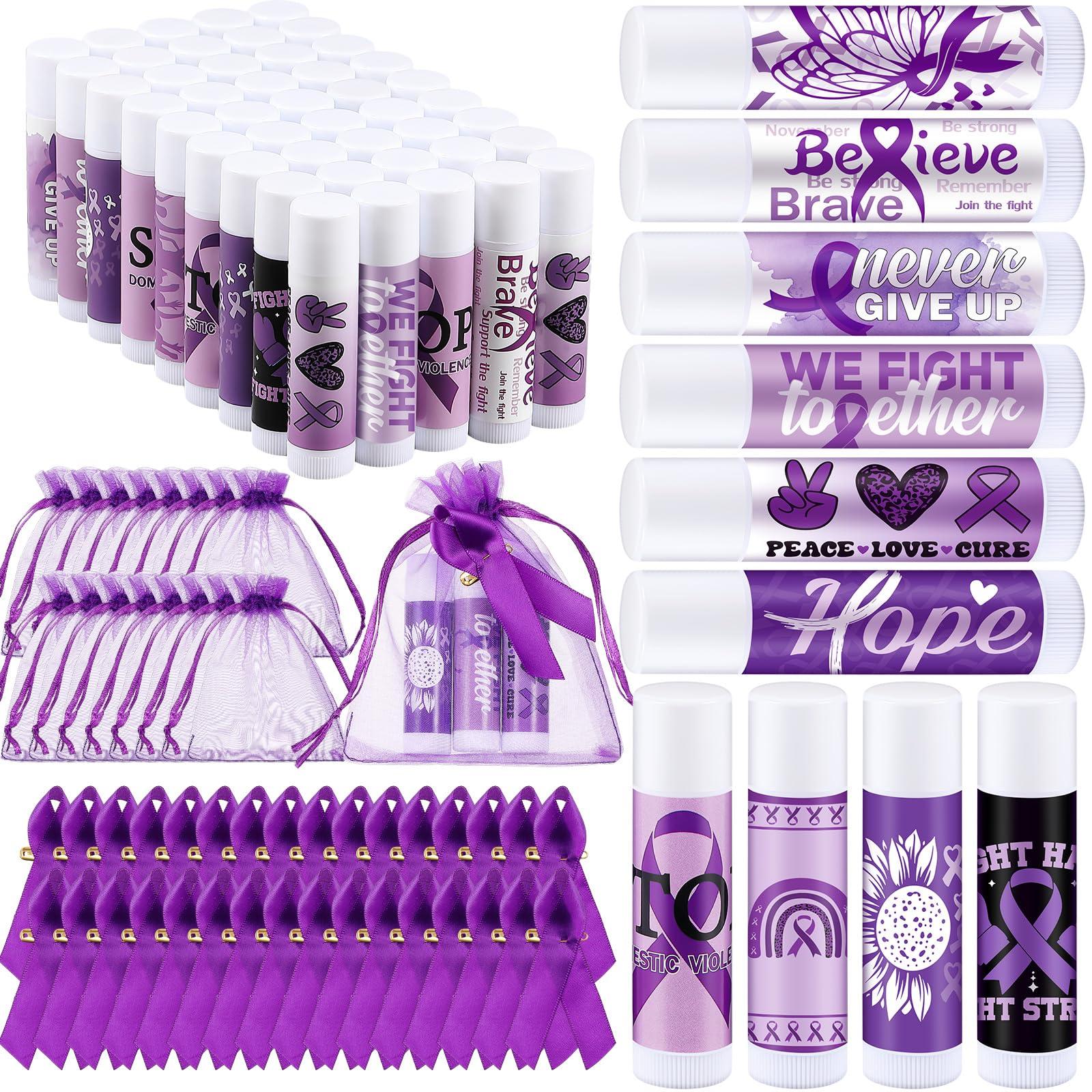 Linyuthia Linyuthia 50 Set Purple Ribbon Awareness Lip Balms Gifts 50 Organza Bags 50 Purple Awareness Ribbon Pins Raise Awareness for Domestic Violence Pancreatic Cancer Lupus Alzheimer\'s Overdose Awareness