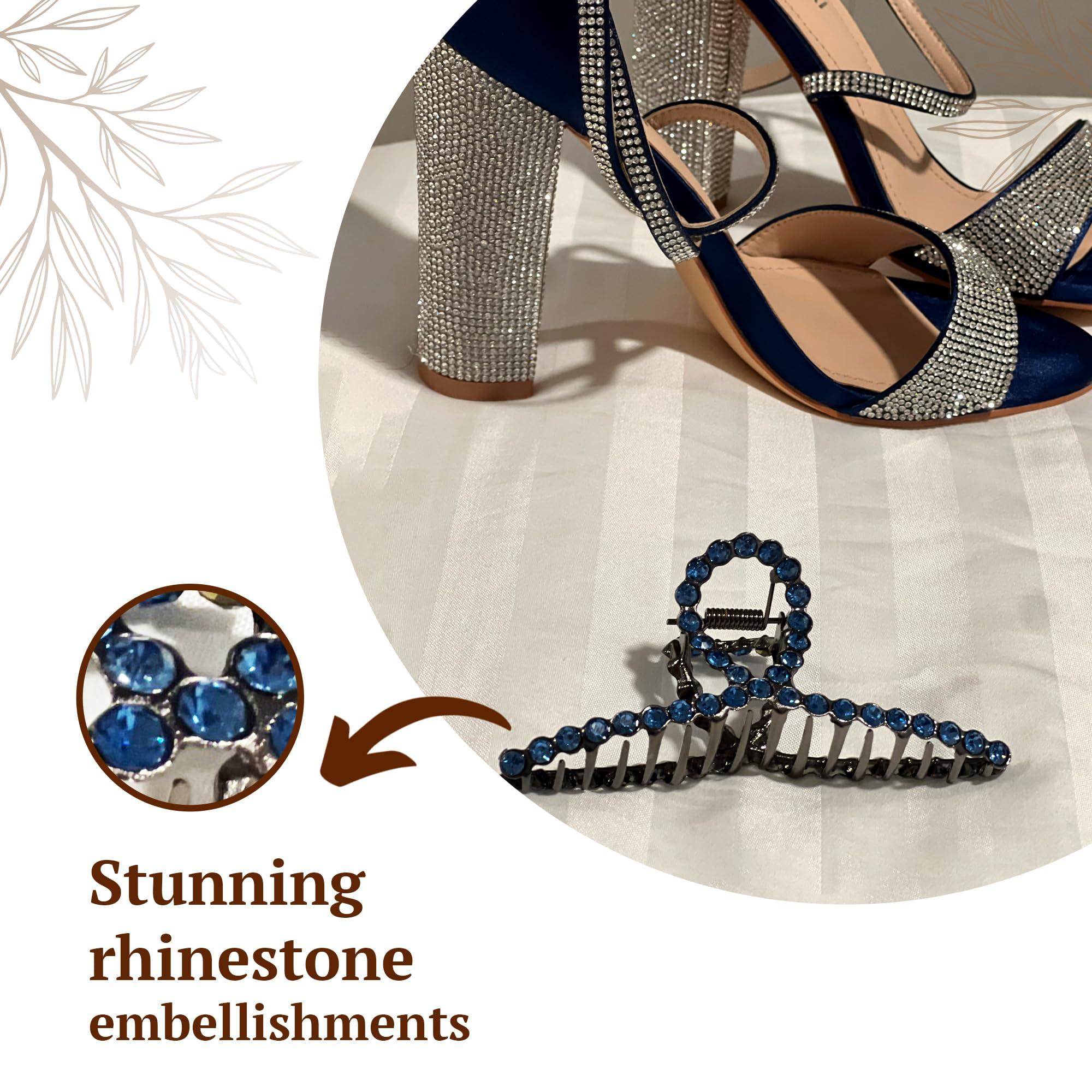 MalAAri MalAAri: Large Rhinestone Hair Claw Clips for Women, Wedding Hair Accessories, Bridal Hair Clips, Party Hair Clips, Prom, Special Events (Black Clip, Blue Stone)