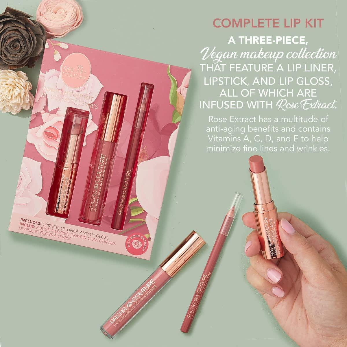 Rachel Couture Rachel Couture Complete Lip Kit | Includes Lipstick, Lip Liner & Lip Gloss | Vegan & Cruelty Free | Infused with Rose Extract - Rose