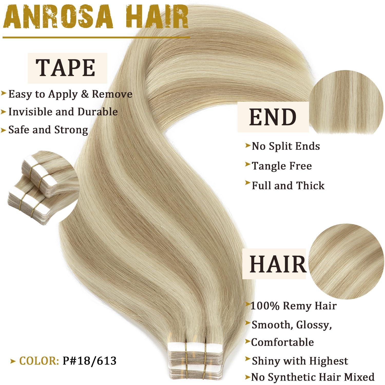 Anrosa 22 Inch Tape in Hair Extensions Human Hair Silky Blonde Human Hair Extensions Double Sided Tape Extensions Human Hair Semless Ash Blonde Highlighted Bleach Blonde 50g/20pcs