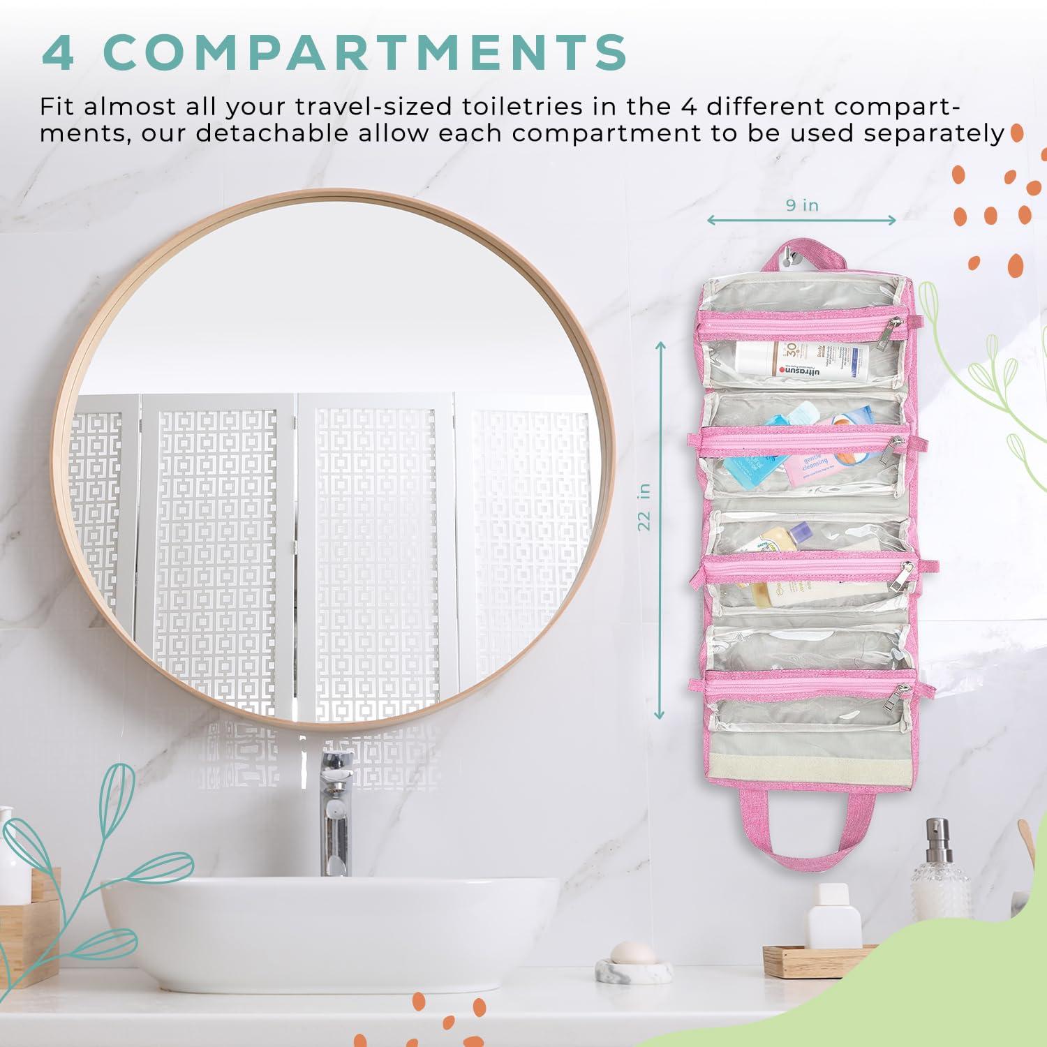 Ceshain 4-in-1 Hanging Toiletry bag - Roll-Up Makeup Bag - 4 Detachable PVC Zip Pouches 600D Oxford Fabric, Versatile Travel Toiletry Organizer Bag - Makeup, Cosmetics, First Aid, Medicine Personal Care,