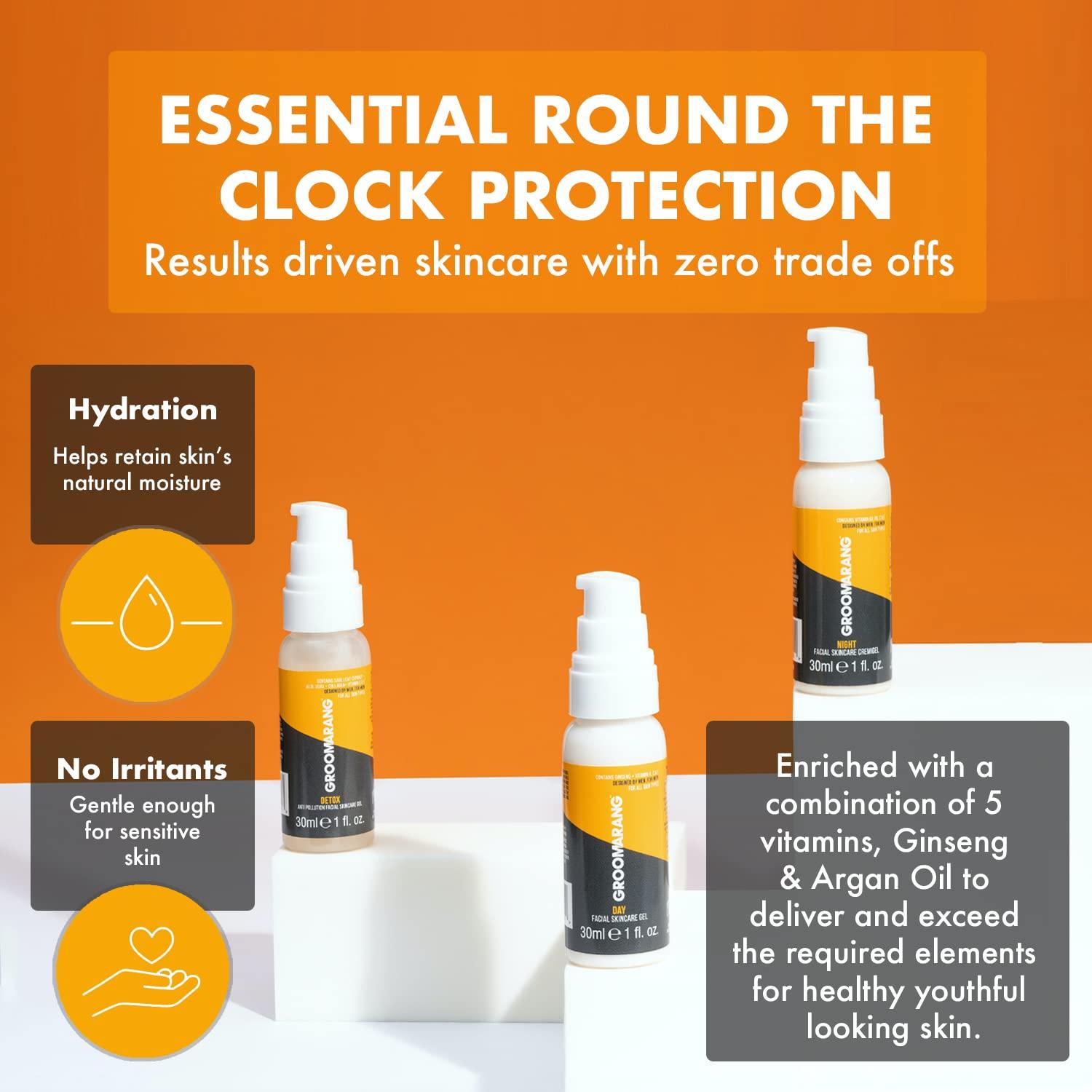 Groomarang Mens Moisturiser Gift Set GROOMARANG 24/7 Mens Skincare Gift Set x3 Vitamin Enriched Moisturising Creams for 24/7 Protection - Day, Night & Detox With Ginseng, Aloe Vera & Collagen