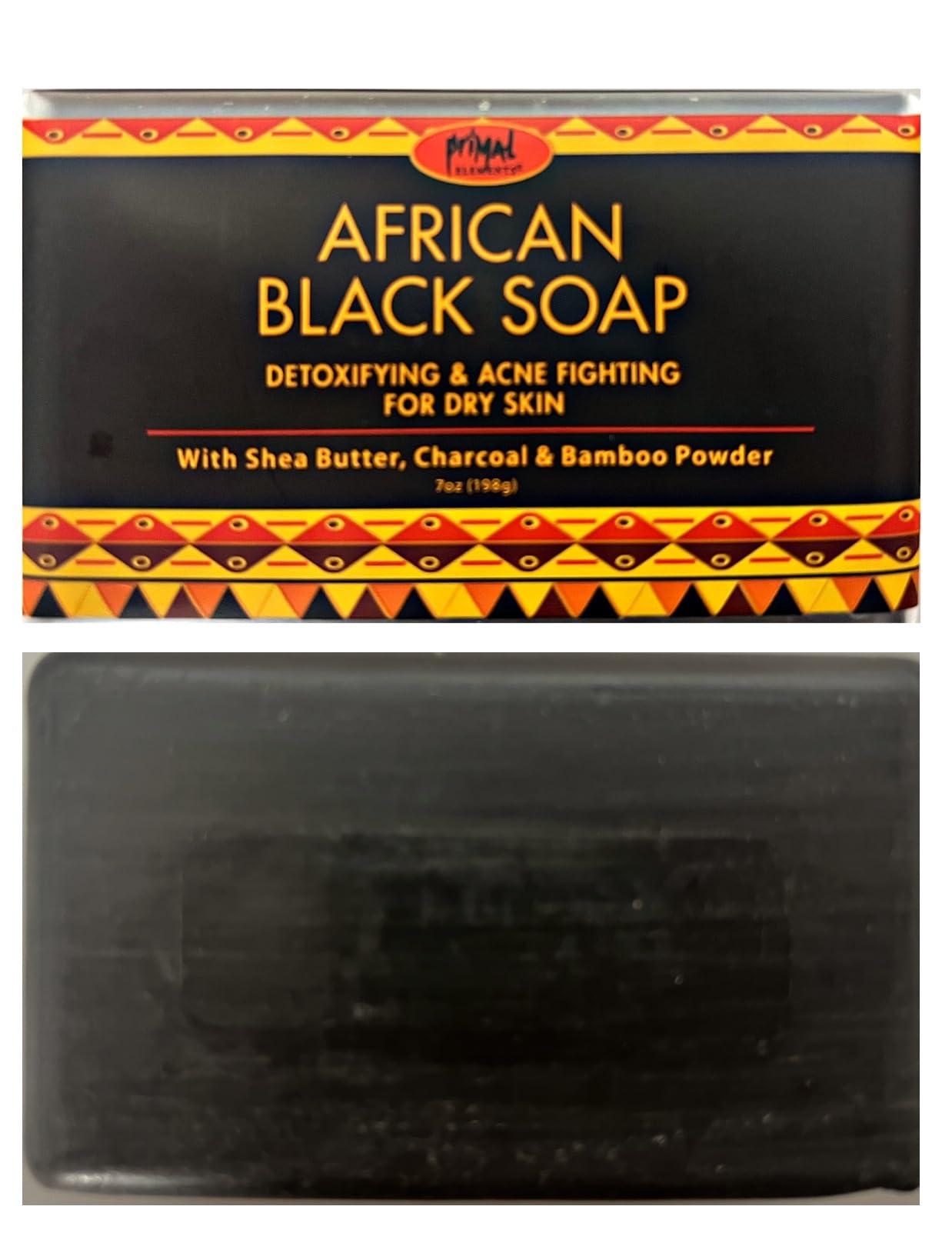 PE African Black Soap with Shea Butter, Charcoal & Bamboo Powder - 7oz/198g (3-Pack) - Gentle Cleanser for Dry Skin & Acne - Moisturizing Face & Body Wash, Shampoo & Makeup Remover