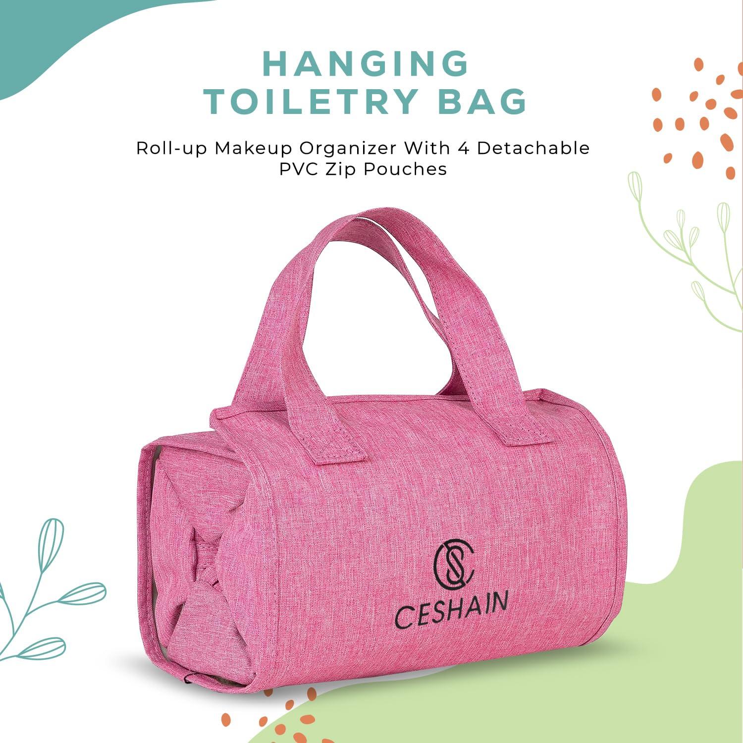 Ceshain 4-in-1 Hanging Toiletry bag - Roll-Up Makeup Bag - 4 Detachable PVC Zip Pouches 600D Oxford Fabric, Versatile Travel Toiletry Organizer Bag - Makeup, Cosmetics, First Aid, Medicine Personal Care,