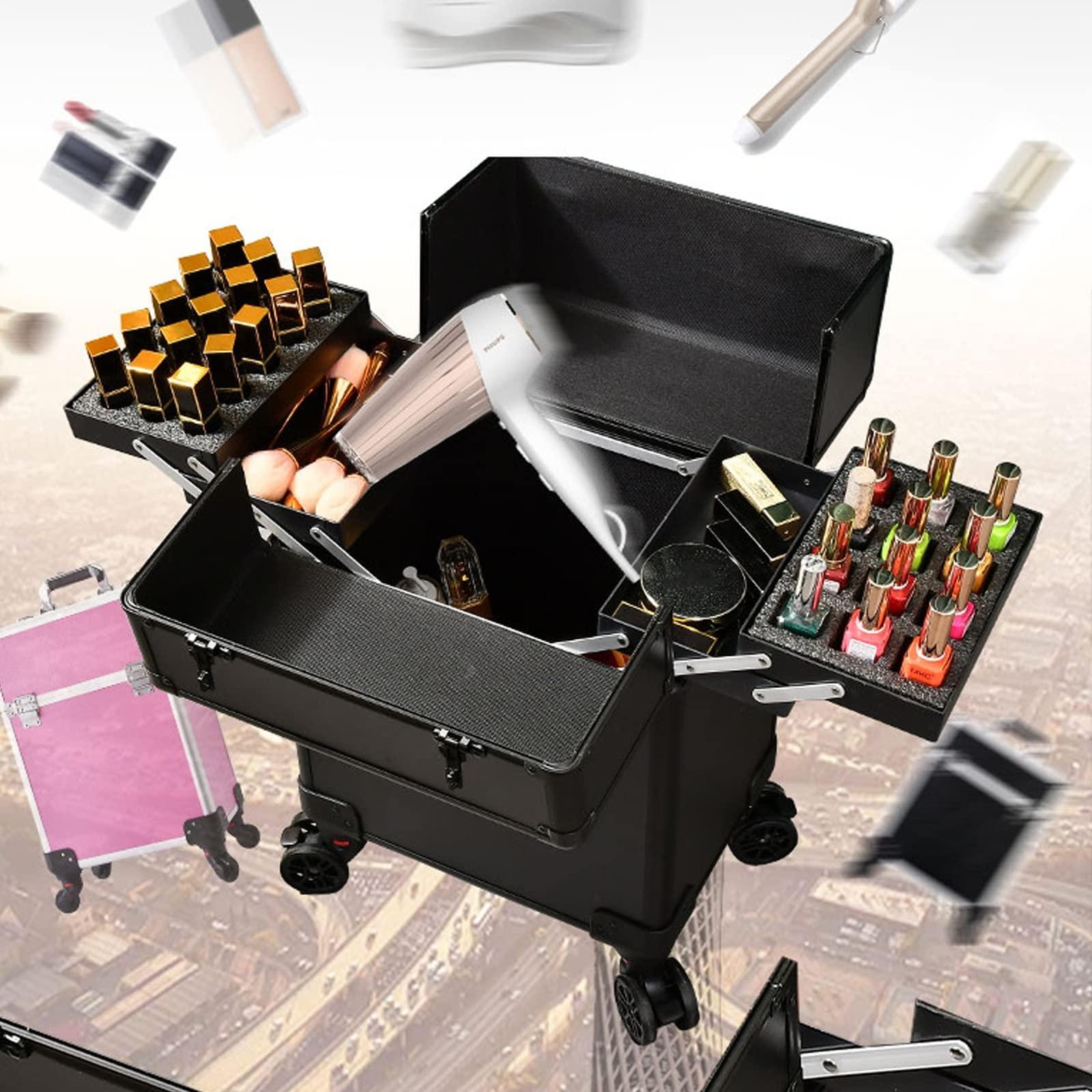 HJXGQJM Large Professional Cosmetic Train Case, Rolling Makeup Train Case With Wheels Cosmetic Travel Train Case With 4 Detachable Wheels,Professional Makeup Luggage On Wheel For Makeup Artist Black cosmetic