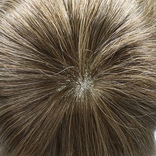 LHC Hair System For Men 0.1MM Full Poly Toupee For Men Human Hair ComfortableWiht durable Mens Hair Pieces Protesis Capilar Para Hombre (8\'\'*10\'\', #740 7# VERY LIGHT BROWN WITH 40% SYNTHETIC GREY -110% light to medium density)